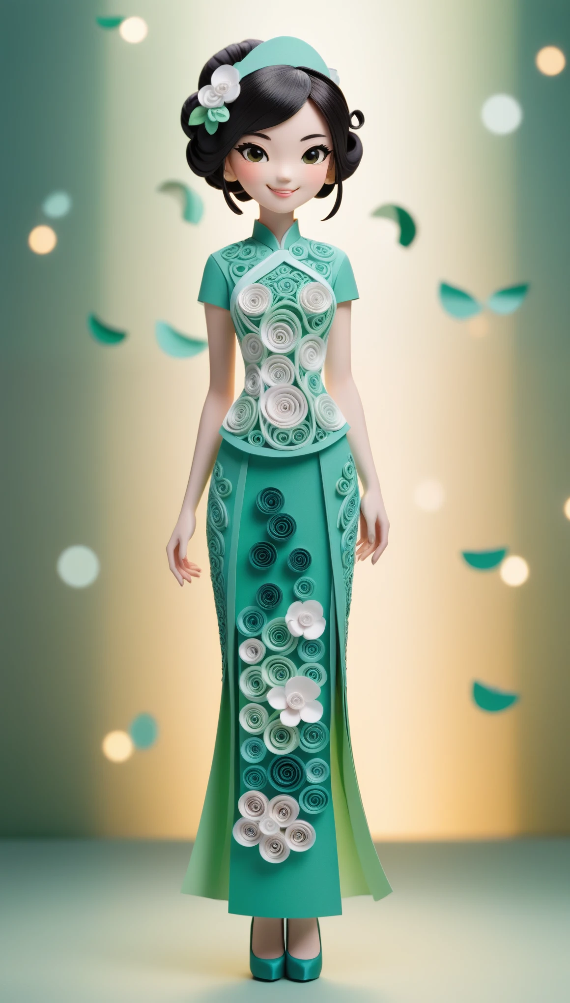 (paper art,layered paper art,paper quilling,paper-cut,paper sculpture), 1 Cheongsam woman，Slender figure，perfectly proportions，Delicate hair accessories, full body, smile，Oriental elements，simple background, mint green,  (Soft Lighting, Bokeh)