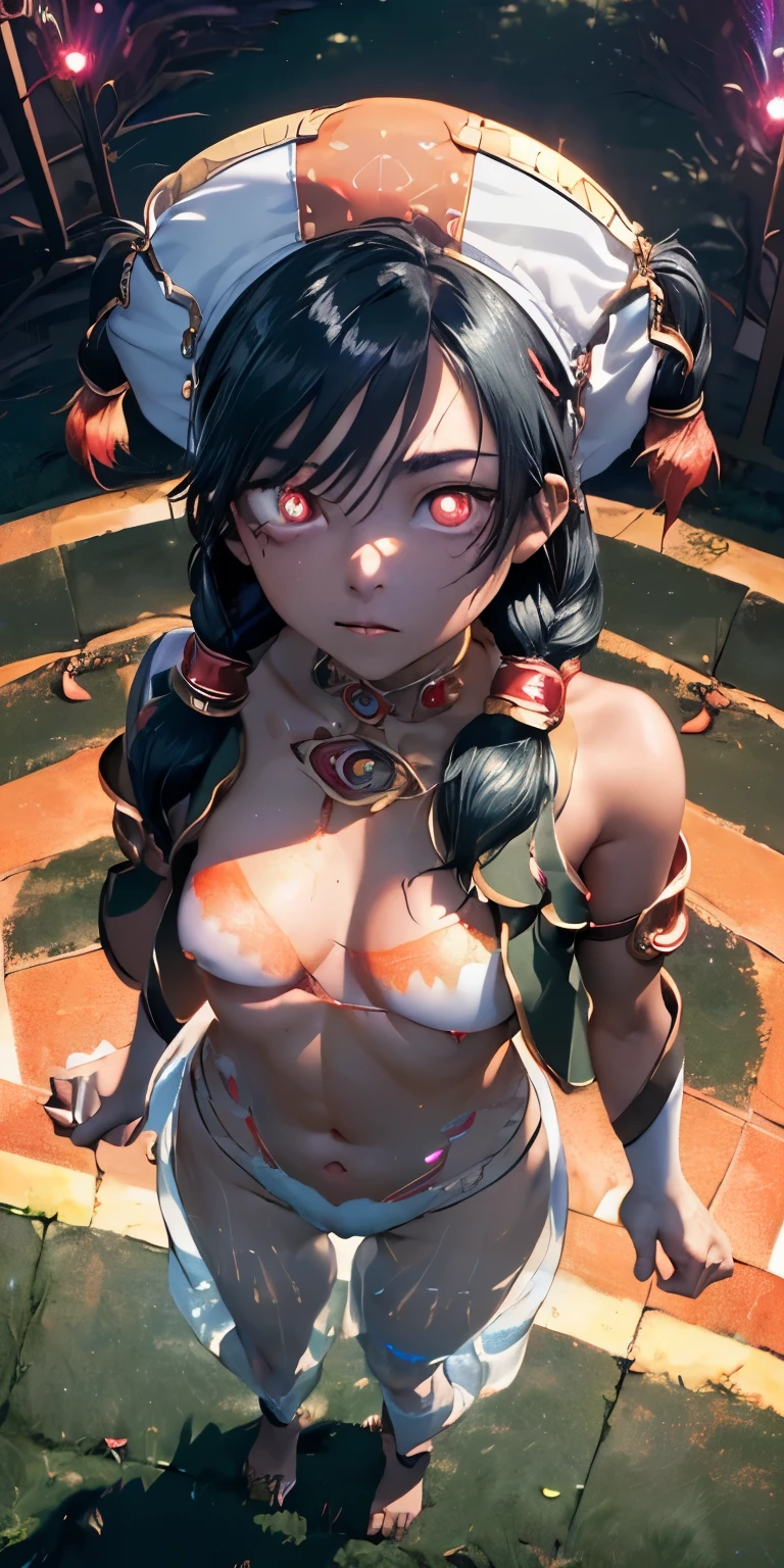 (masterpiece, best quality:1.3), (from above:1.3), perfect face, expressive eyes, 1girl, looking at viewer, ************, (slim body, small breast:1.3), beautiful, anime, girl, lora, talim, 1girl, dark skin, black hair, braid pigtails, white hat, arabic clothes, see-through, (standing:1.5), (corrupt, brainwashed, hypnotized, mind controlled:1.5), (evil look:2.0), (big cute eyes:1.5), (empty eyes, simple eyes, glowing red pupils:2.0), (crotch tattoo, glowing tattoo:1.5), (cinematic lighting, fairy tale, realistic, dream-like, enchanting atmosphere:1.5), (fantastic and beautiful night sky, abandoned park:1.5),