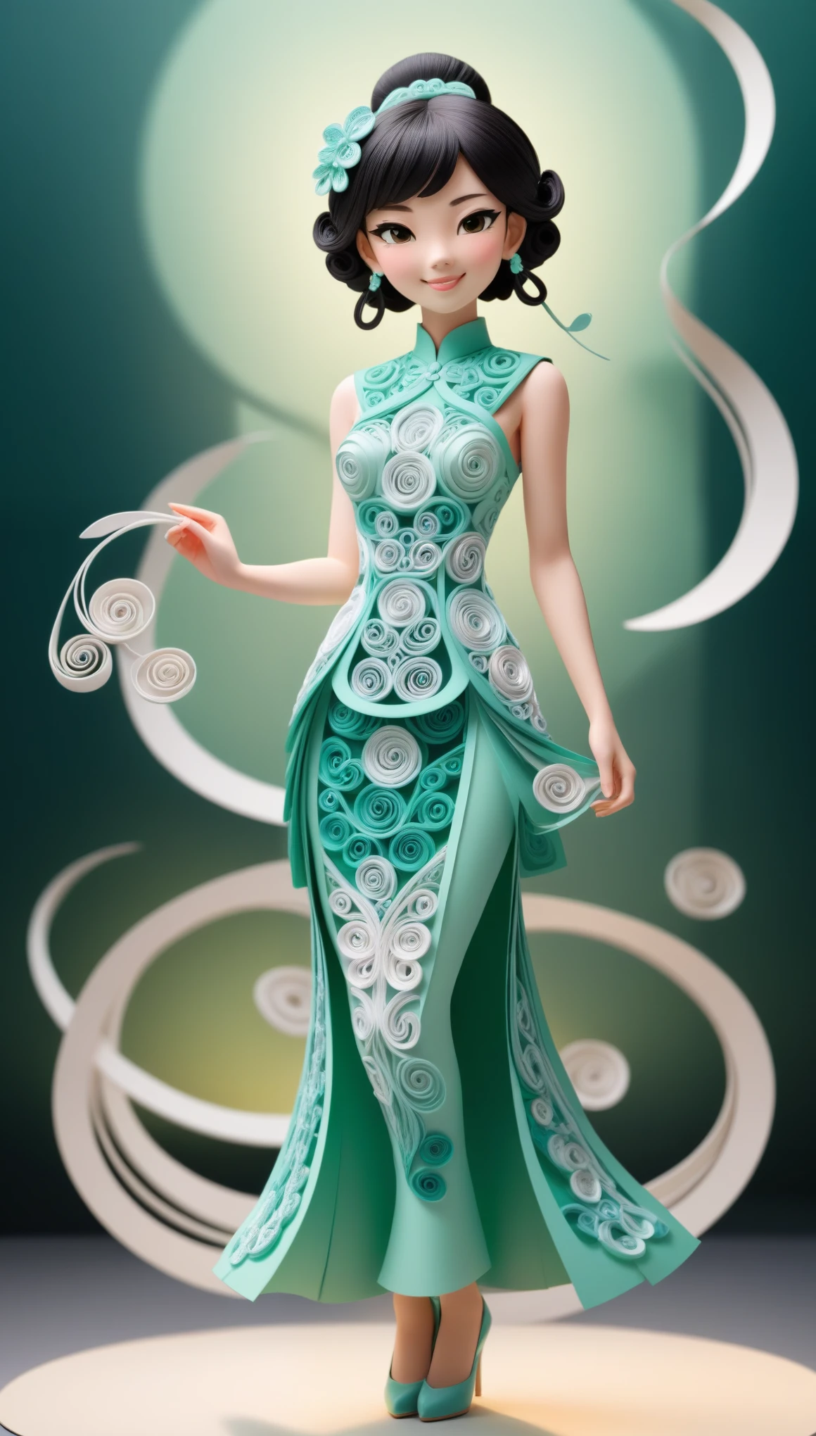 (paper art,layered paper art,paper quilling,paper-cut,paper sculpture), 1 Cheongsam woman，Slender figure，perfectly proportions，Delicate hair accessories, full body, smile，Oriental elements，simple background, mint green,  (Soft Lighting, Bokeh)