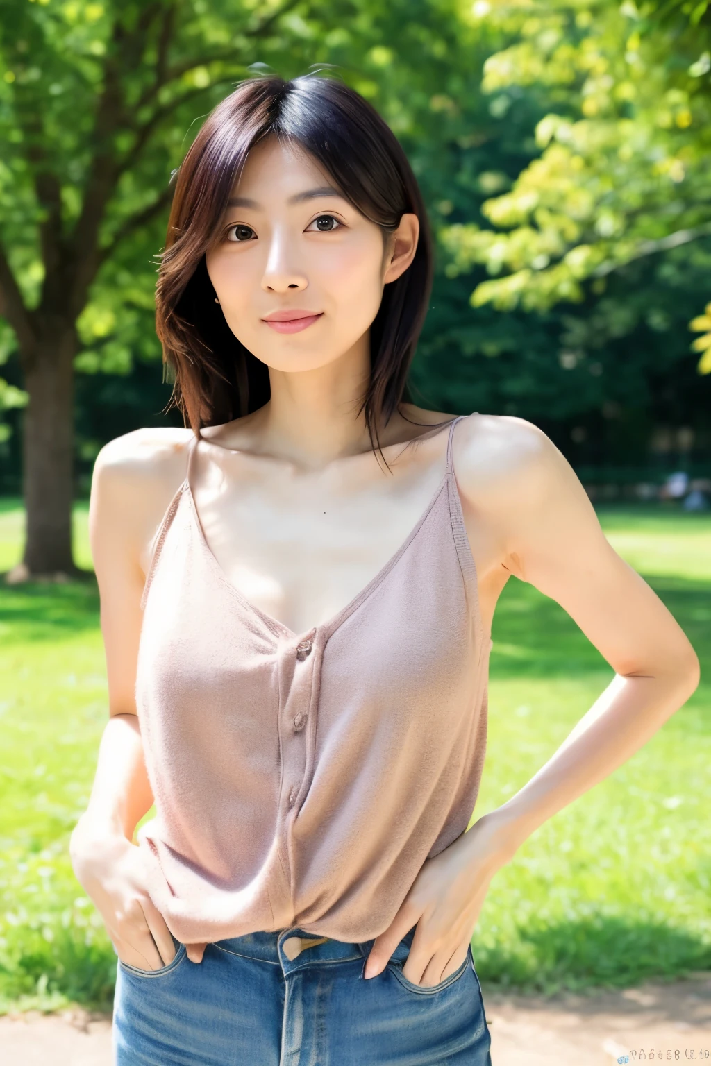 Skinny Japanese lady, 30 years old, cute face, detailed face, natural makeup, detailed eyes, casual clothes, small breasts, very thin wasit, standing in the park, sunshine, (upper-body photo)