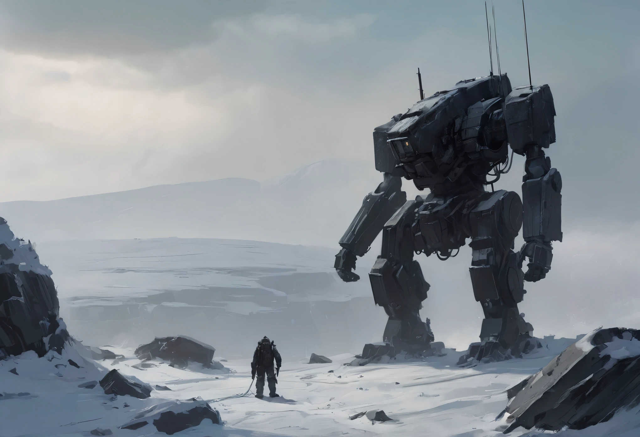 An enormous black mech sitting against a cliff wall destroyed and abandoned on rocks in a snowfield, (blizzard:1.4, dull colors:1.2, melodramatic:1.2), destroyed, dark scenery, footprints 