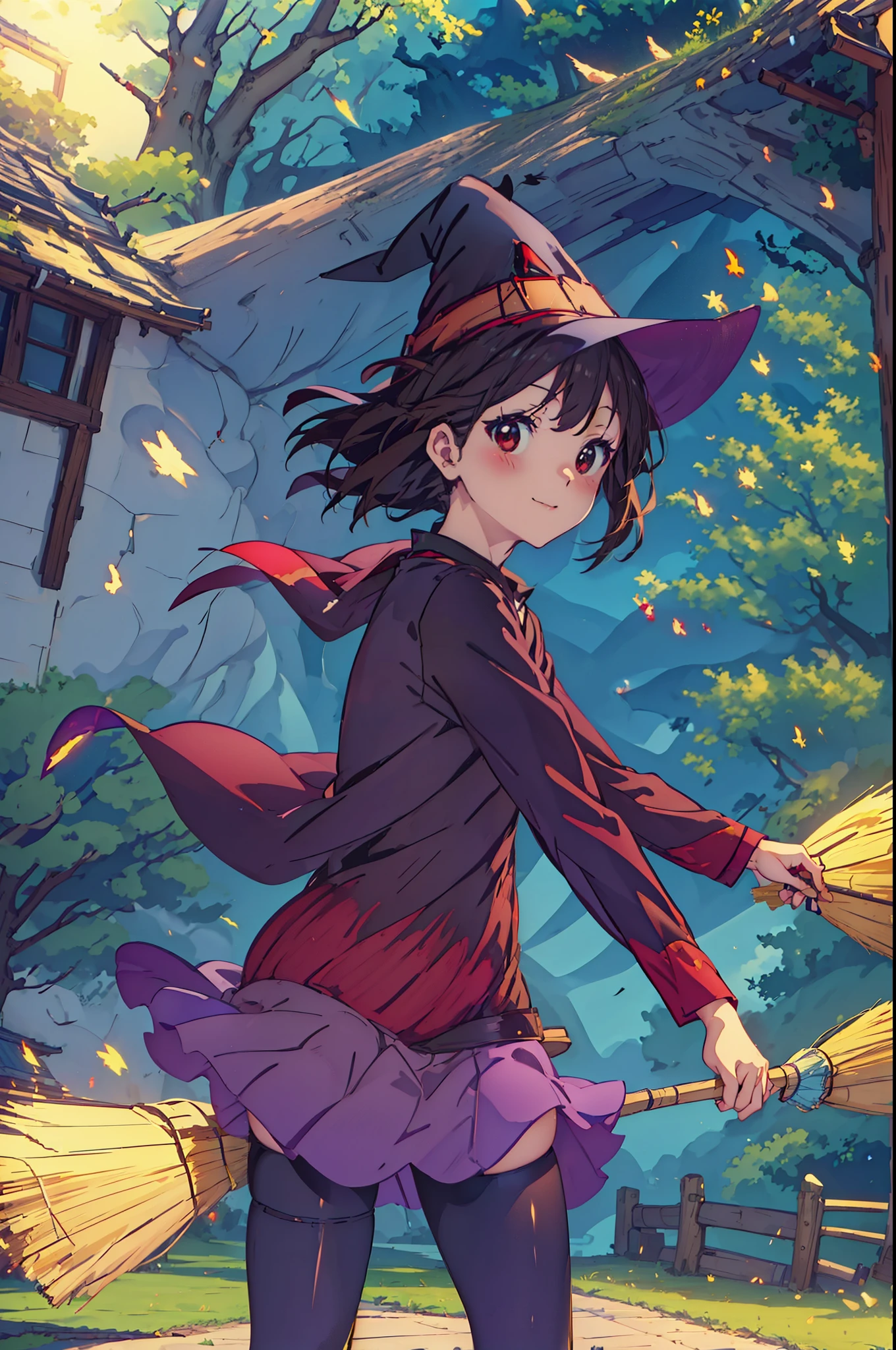 konosubaMegumin, Megumin, short hair, black hair, (red eyes:1.3), short hair with long locks,White sailor,Red cardigan,black pleated skirt,gray pantyhose,brown loafers,
((((flying witch))),((Broom 1:ride 1)),broom fライト,Broom 1:Spanning 1,smile,blush,
break outdoor, forest, nature, wood, village, null, sun, cloud,
break looking at viewer, (cowboy shot:1.5),
break (masterpiece:1.2), highest quality, High resolution, unity 8k wallpaper, (figure:0.8), (detailed and beautiful eyes:1.6), highly detailed face, perfect lighting, Very detailed CG, (perfect hands, perfect anatomy),