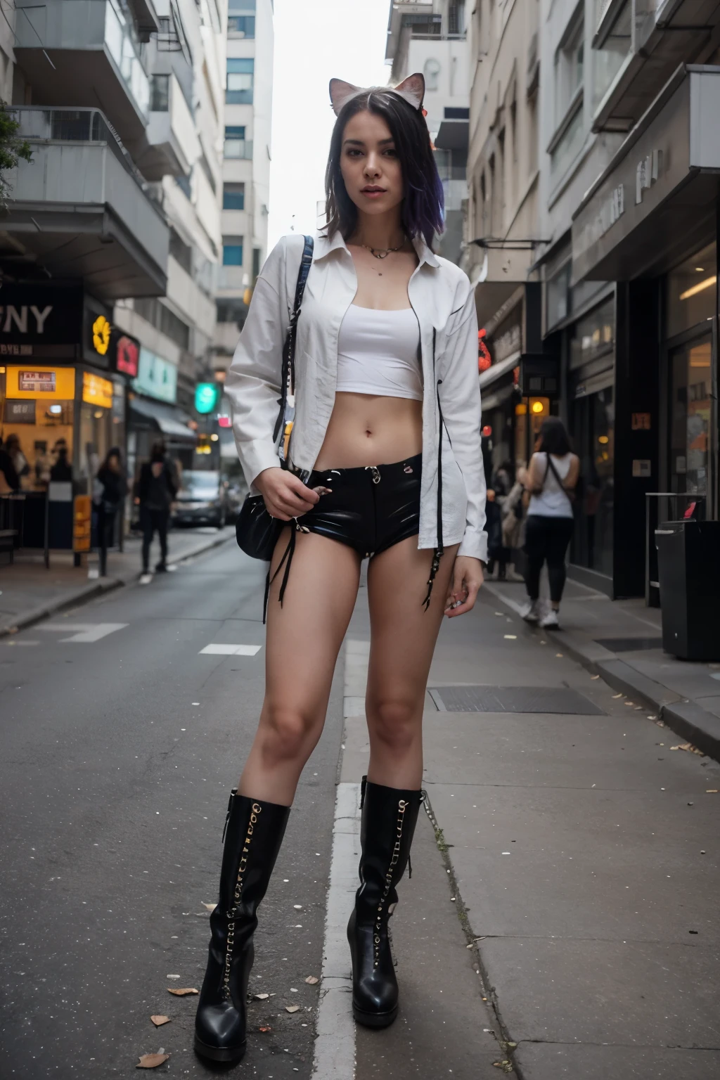 corpo inteiro, Cyberpunk, mini saia, Realistic hybrid feline, jaqueta, camisa, punk, botas longas