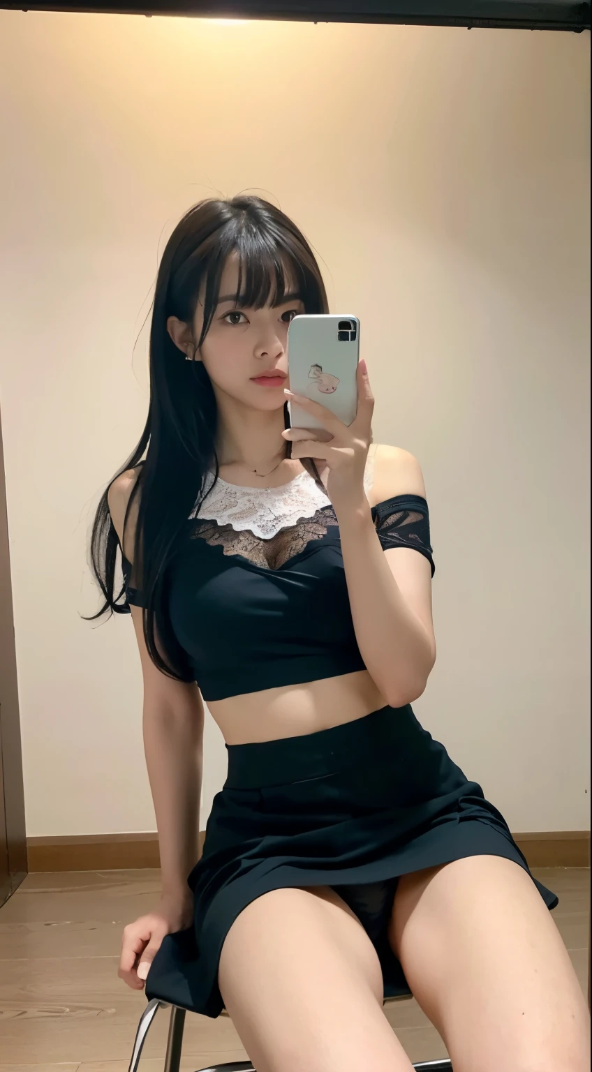 ((realistic lighting, highest quality, 8k, masterpiece, medium shot: 1.3)), clear focus: 1.2, 1 girl, perfect figure: 1.4, plump bust,((long black hair)),((With bangs)), (light pink crop top:1.4）,The whole delicate breast leaks out,（exterior，in the middle of the night：1.1),In the changing room, Clothes such as jerseys are in the background,tennis uniform. in the background,sit in a chair,moderately thin calves,exposed thighs,white ankle socks,white sneakers,super detailed face, fine eyes, double eyelid,white pleated mini skirt,Taking a selfie with a black smartphone in my left hand,My face is hidden by my smartphone、Place your right hand on the chair to support your weight..，Legs open at a 40 degree angle、((((Panties are visible from inside the skirt))))、(white lace panties)、(Please tilt your head slightly)