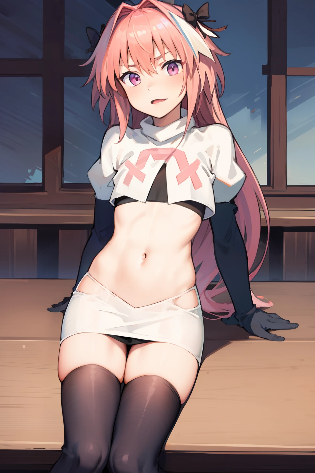 absurdres, masterpiece, best quality, (astolfo fate:1.2155), 1boy, male focus, trap, pink multicolored hair, pink hair, white hair, hair intakes, long hair, pink detailed eyes, crossdressing,1boy, team rocket,team rocket uniform, red letter R, white skirt,white crop top,black thigh-highs,black elbow gloves