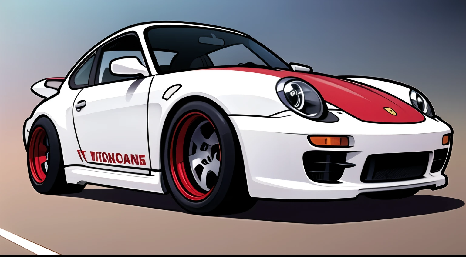 
Porsche 911 rwb, wide body, sketch, 
cartoonish, comic strip, Chip Foose car rendering, chrome wheels, bagged, slammed to the ground, empty parkinglot, style dessin manga, couleur