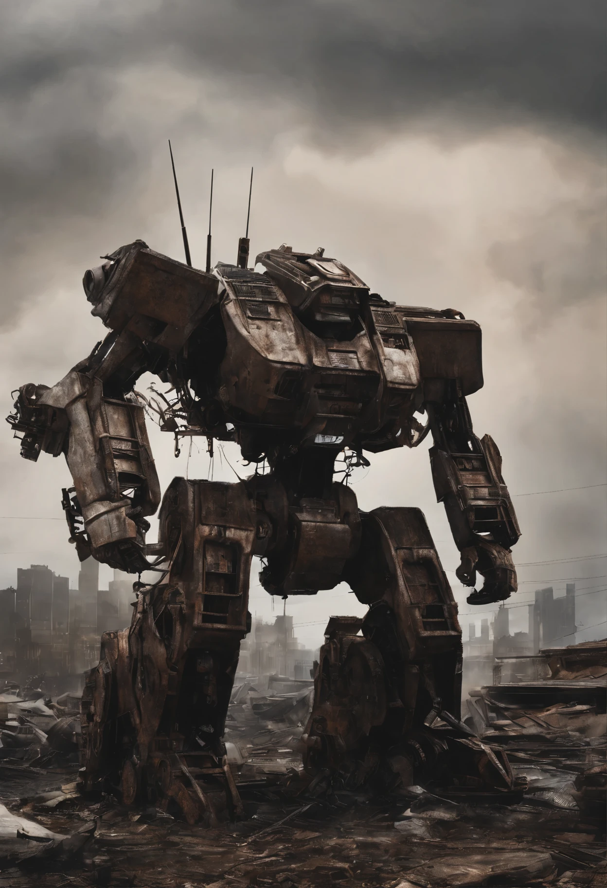 cinematic photo Mechanical cyborg (Iron Man), (((steampunk))), rusty old armor, old metal, robot, (((full body visible))), wires, realistic, creepy, scary, cables, apocalyptic background, looking at viewer, portrait, photography, detailed skin, realistic, photo-realistic, 8k, highly detailed, full length frame, High detail RAW color art, piercing, diffused soft lighting, shallow depth of field, sharp focus, hyperrealism, cinematic lighting,5mm photograph, film, bokeh, professional, 4k, highly detailed