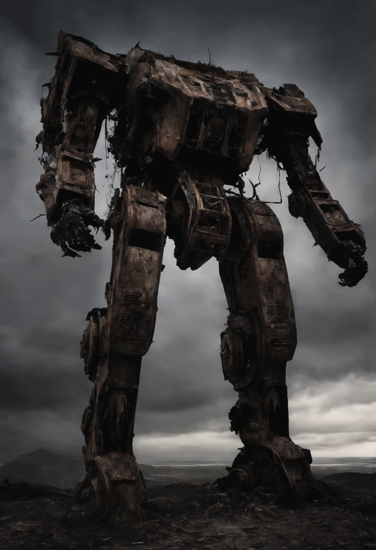 cinematic photo Mechanical cyborg (Iron Man), (((steampunk))), rusty old armor, old metal, robot, (((full body visible))), wires, realistic, creepy, scary, cables, apocalyptic background, looking at viewer, portrait, photography, detailed skin, realistic, photo-realistic, 8k, highly detailed, full length frame, High detail RAW color art, piercing, diffused soft lighting, shallow depth of field, sharp focus, hyperrealism, cinematic lighting,5mm photograph, film, bokeh, professional, 4k, highly detailed