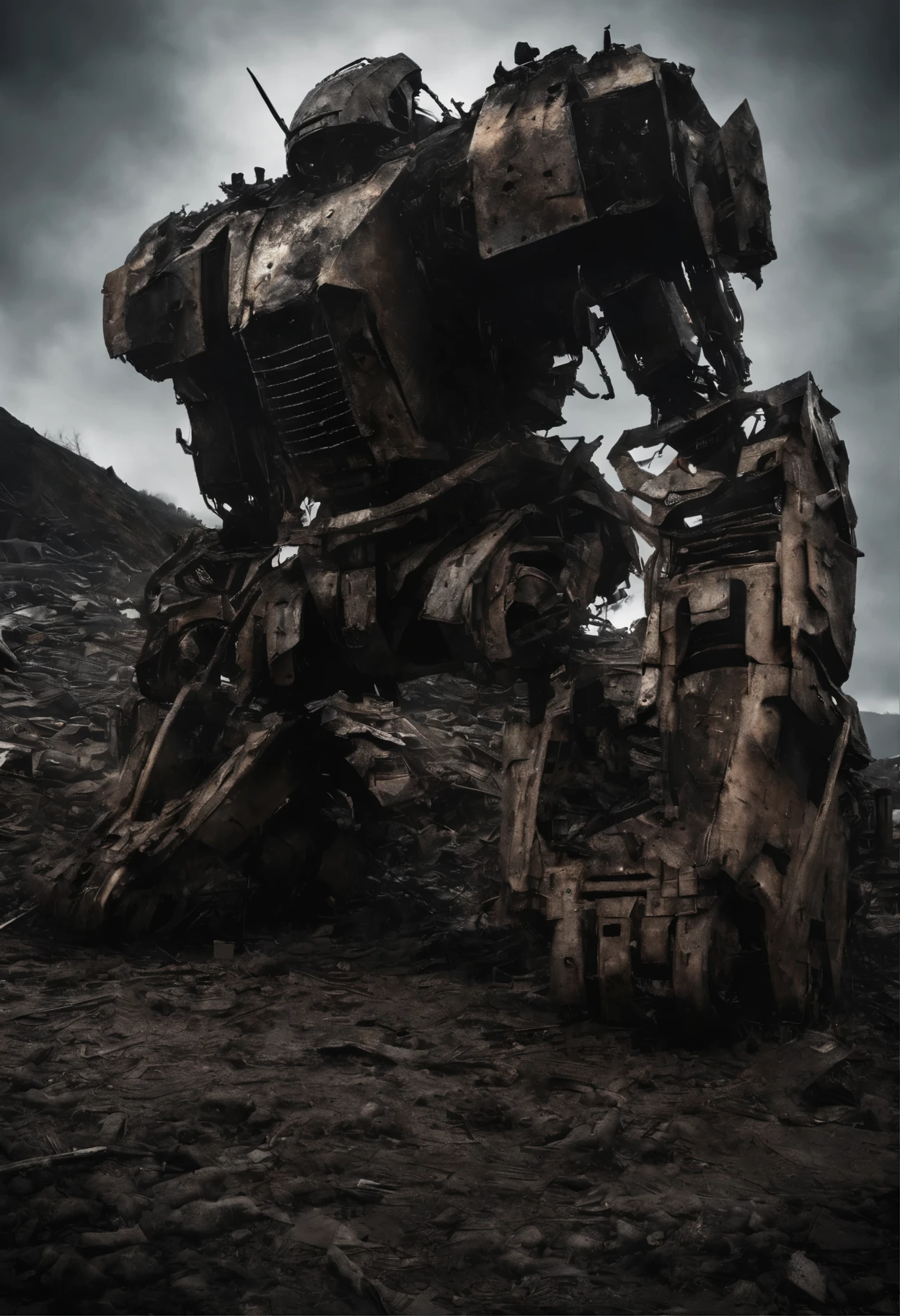 cinematic photo Mechanical cyborg (Iron Man), (((steampunk))), rusty old armor, old metal, robot, (((full body visible))), wires, realistic, creepy, scary, cables, apocalyptic background, looking at viewer, portrait, photography, detailed skin, realistic, photo-realistic, 8k, highly detailed, full length frame, High detail RAW color art, piercing, diffused soft lighting, shallow depth of field, sharp focus, hyperrealism, cinematic lighting,5mm photograph, film, bokeh, professional, 4k, highly detailed