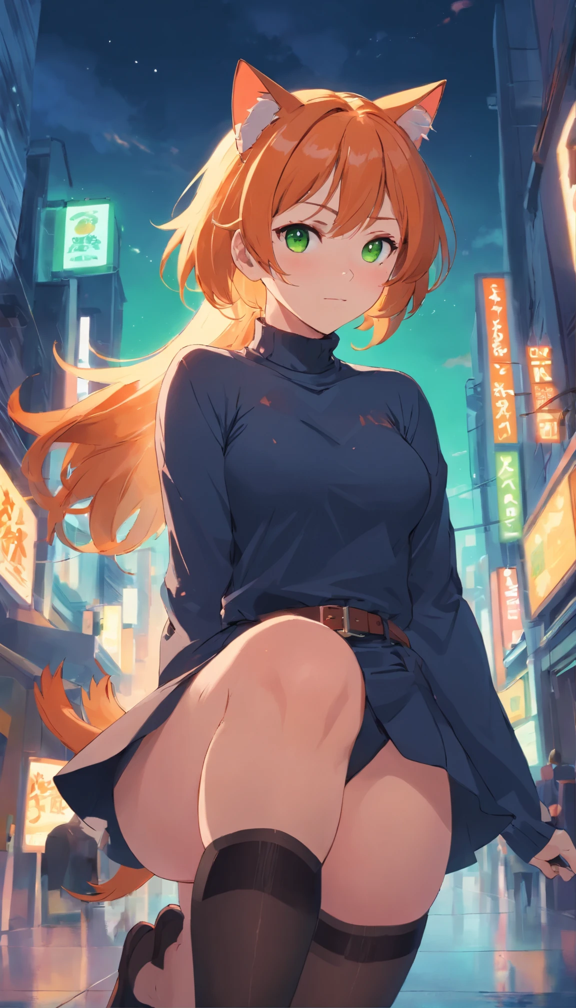 milf, masterpiece, Best quality, ultra detailed, beautiful lighting, 1 girl, orange hair, cat ear, green eyes, freckles, turtleneck top, Looking at the viewer, detailed black stockings with belt, Juicy ass