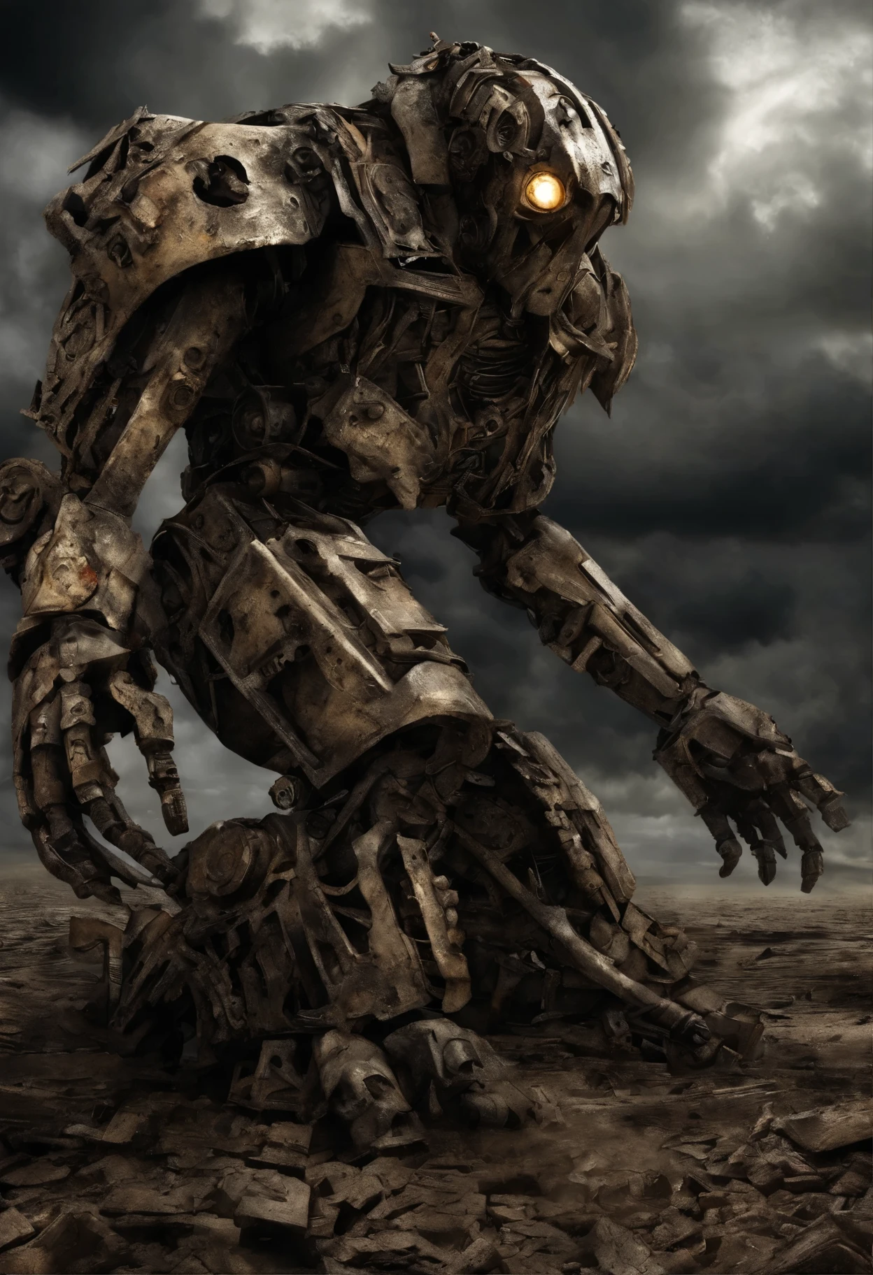 cinematic photo Mechanical cyborg (Iron Man), (((steampunk))), rusty old armor, old metal, robot, (((full body visible))), wires, realistic, creepy, scary, cables, apocalyptic background, looking at viewer, portrait, photography, detailed skin, realistic, photo-realistic, 8k, highly detailed, full length frame, High detail RAW color art, piercing, diffused soft lighting, shallow depth of field, sharp focus, hyperrealism, cinematic lighting,5mm photograph, film, bokeh, professional, 4k, highly detailed