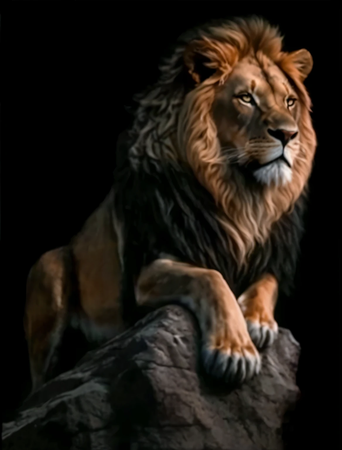 a close-up of a lion lying on a rock with a black background, Rei da floresta, Aslan, the lion, 2d full body lion, senhor da selva, lionardo davinchi, olhar orgulhosoing, extremamente realista, fazendo uma pose quente e majestosa, lion body, arte realista, Imagem realista, Fantasy Art, imagem de perfil, olhar orgulhoso, pose real