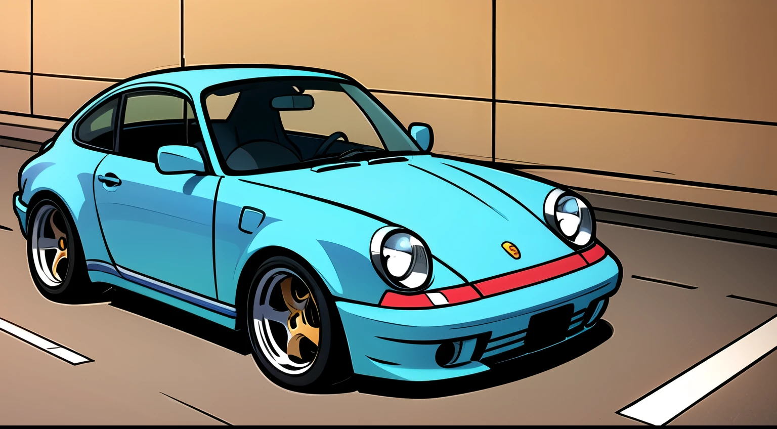 Porsche 911 rwb, wide body, sketch,
cartoonish, comic strip, Chip Foose car rendering, chrome wheels, bagged, slammed to the ground, empty parkinglot, style dessin manga, couleur