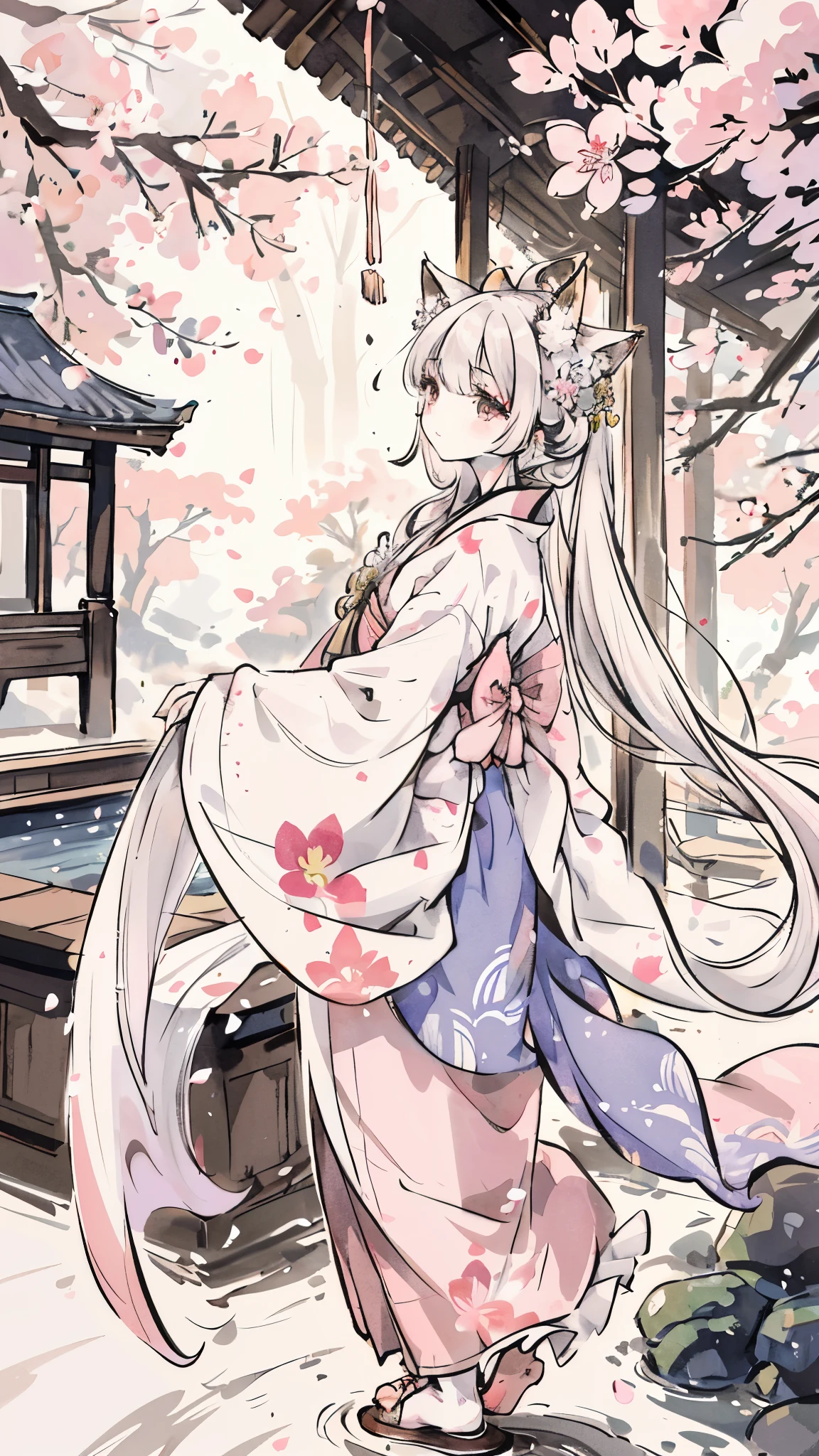 fox ears, fox tails, fluffy tails, ((4k,masterpiece,highest quality)), Shuimobisim, traditional chinese ink painting, lotus, Hanfu, maxi kit, dress modestly, alone, blue long hair, smile, Are standing, feet in the water, barefoot, add_detail:1, add_detail:0, add_detail:0.5             fox ears, fox tails(beautiful detailed eyes, long eyelashes), cherry blossoms, traditional Japanese garden, soft lighting, vibrant colors, ethereal atmosphere, (peaceful expression), graceful pose, traditional Japanese art style, subtle textures, (pink and white color palette), (delicate floral patterns on the kimono)