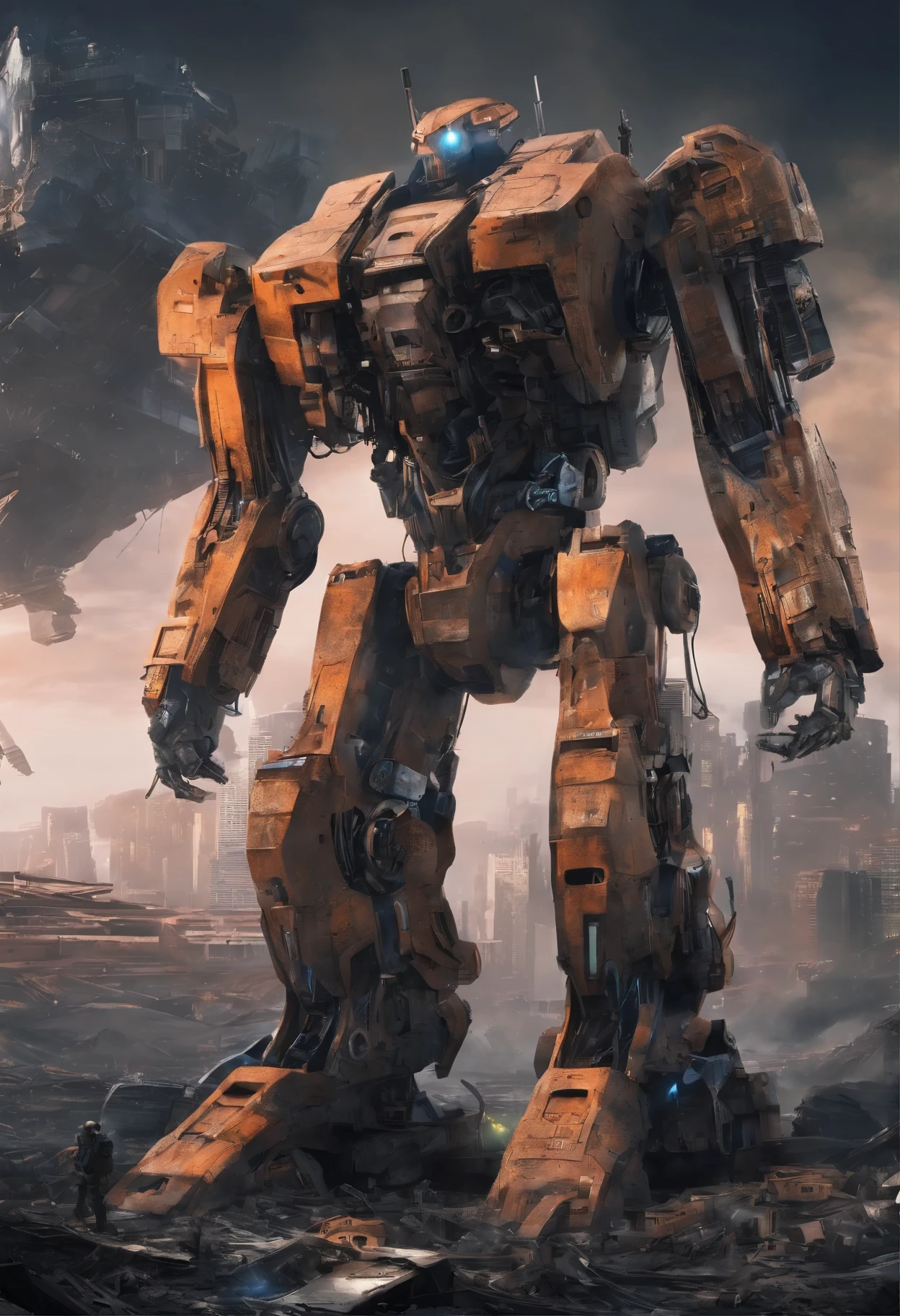 cinematic photo Mechanical cyborg (Iron Man), (((steampunk))), rusty old armor, old metal, robot, (((full body visible))), wires, realistic, creepy, scary, cables, apocalyptic background, looking at viewer, portrait, photography, detailed skin, realistic, photo-realistic, 8k, highly detailed, full length frame, High detail RAW color art, piercing, diffused soft lighting, shallow depth of field, sharp focus, hyperrealism, cinematic lighting,5mm photograph, film, bokeh, professional, 4k, highly detailed