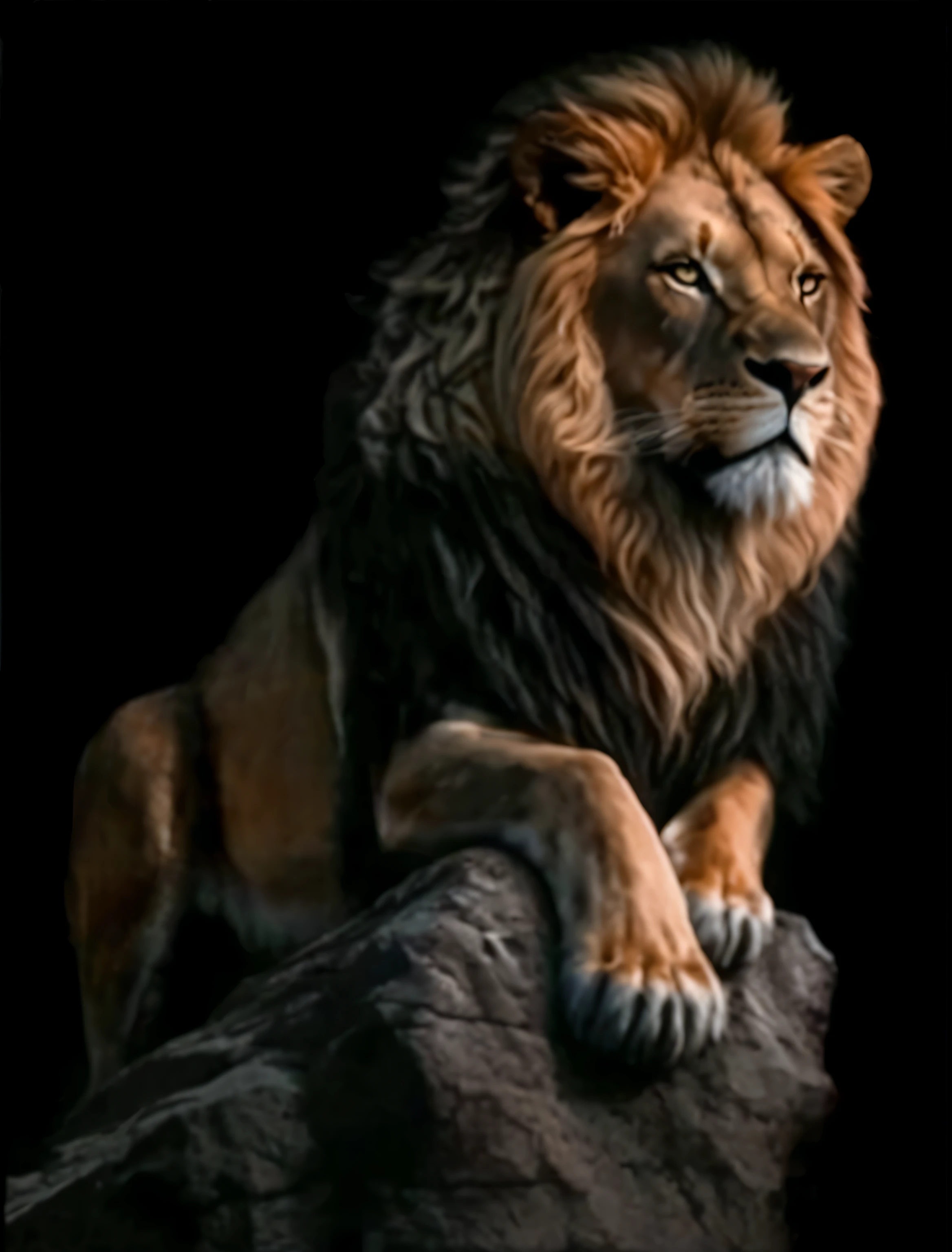 a close-up of a lion lying on a rock with a black background, Rei da floresta, lion, o lion, lion de corpo inteiro 2d, senhor da selva, lionardo davinchi, olhar orgulhosoing, extremamente realista, fazendo uma pose quente e majestosa, lion body, arte realista, Imagem realista, arte de fantasia, imagem de perfil, olhar orgulhoso, posar de verdade