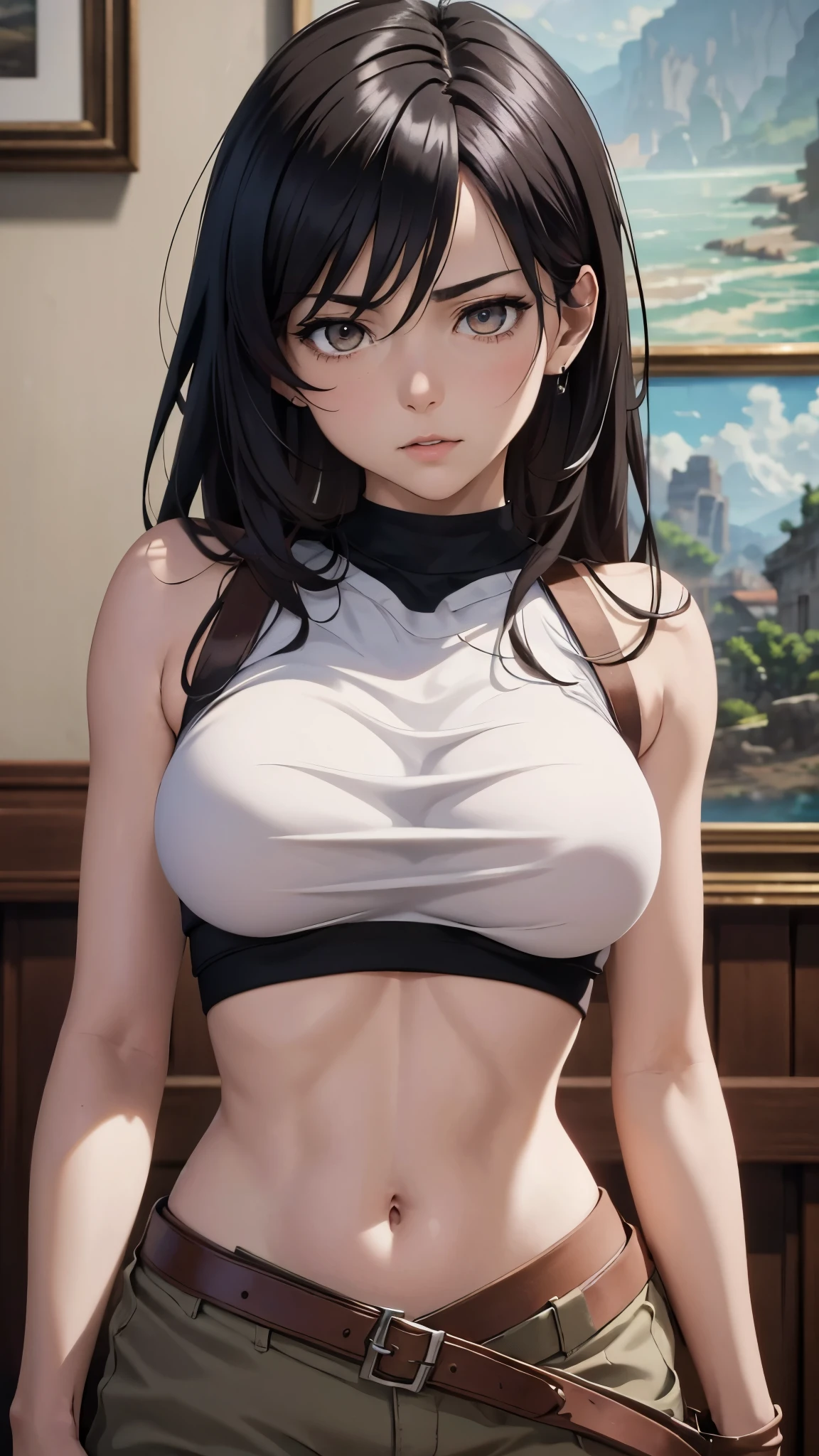 (best quality,4k,8k,highres,masterpiece:1.2),ultra-detailed,(realistic,photorealistic,photo-realistic:1.37),HDR,UHD,studio lighting,ultra-fine painting,sharp focus,physically-based rendering,extreme detail description,professional,vivid colors,bokeh,portraits Tifa Lockhard from ff7, climbing a sheer wall with her equipment (a massive 30-meter wall). She is of a seductive appearance, with a slender figure, long legs, and a large bust. Her eyes are fiery and captivating. The artwork is of the highest quality, with a resolution of 4k, 8k, or even higher. The level of detail is astonishing, making the image look extremely realistic and photorealistic. The lighting is carefully crafted to enhance the overall look and feel of the artwork. Mikasa's character is portrayed in a way that truly captures her essence. The colors are vibrant and lively, creating a visually stunning piece of art. The focus is razor-sharp, with every tiny detail beautifully rendered. The painting technique used is akin to ultra-fine painting, showcasing the artist's mastery. The artwork is created using physically-based rendering techniques, ensuring the highest level of realism. Every little detail is described with extreme precision, bringing the image to life. The overall composition and framing of the artwork are done by a professional artist, resulting in a masterpiece worthy of admiration. The artwork has a sense of depth and three-dimensionality, creating a captivating sense of immersion. The style of the artwork is focused on capturing the essence of portraits, highlighting Mikasa's unique features and personality. The colors used in the artwork are carefully chosen to create a specific mood or atmosphere. The lighting in the artwork is meticulously crafted to enhance the overall look and feel of the scene.