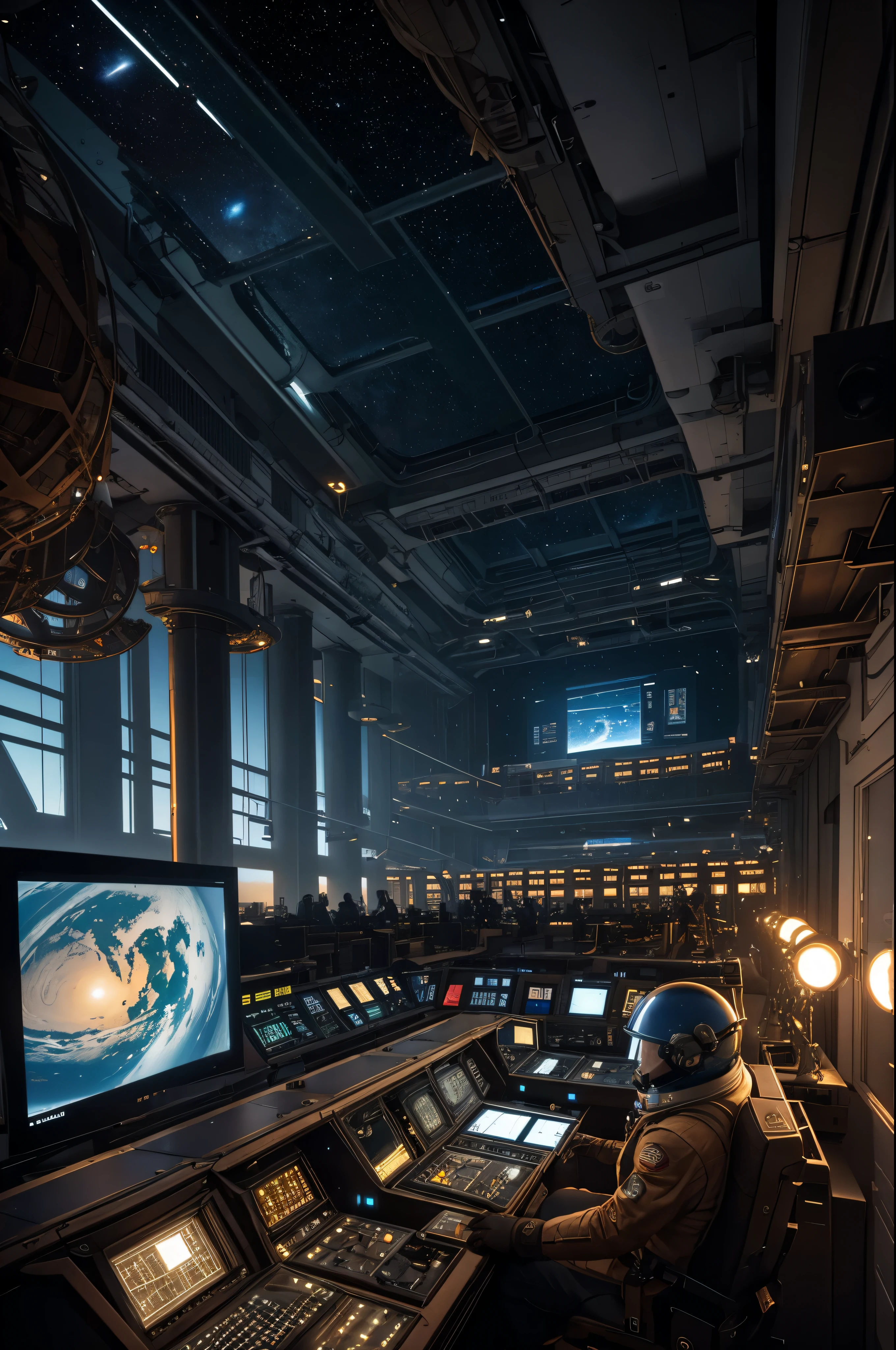 Space Shuttle Control Room, large window overlooking the'espace avec Mars en vue, haute technologie, ambiance steampunk, postes de travail avec des configurations électroniques complexes, modern screens, ultra-detailed, High quality, beautiful lighting, espace spacieux