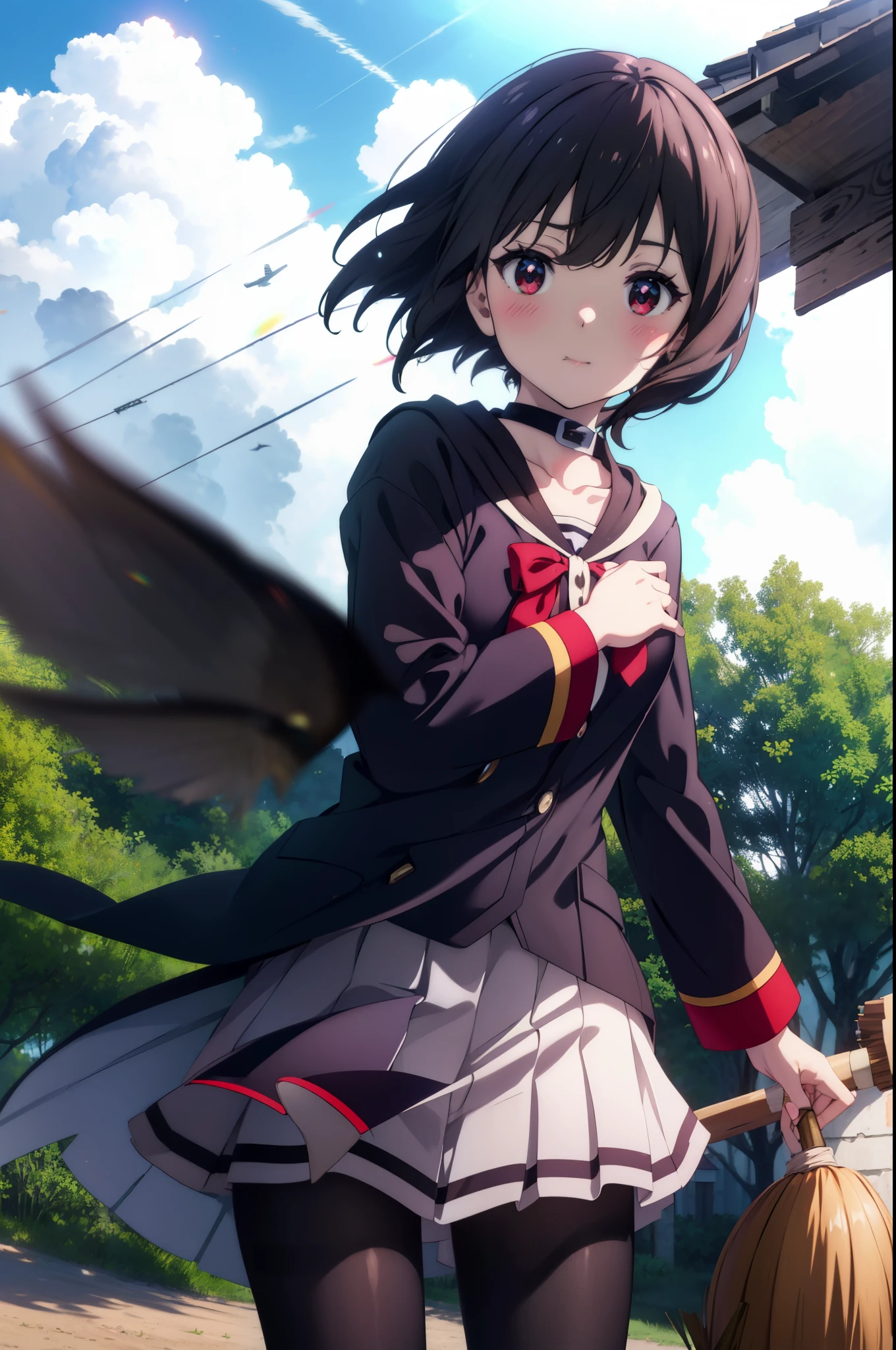 konosubaMegumin, Megumin, short hair, black hair, (red eyes:1.3), short hair with long locks,White sailor,Red cardigan,black pleated skirt,gray pantyhose,brown loafers,
((((flying witch))),((Broom 1:ride 1)),broom fライト,Broom 1:Spanning 1,smile,blush,
break outdoor, forest, nature, wood, village, null, sun, cloud,
break looking at viewer, (cowboy shot:1.5),
break (masterpiece:1.2), highest quality, High resolution, unity 8k wallpaper, (figure:0.8), (detailed and beautiful eyes:1.6), highly detailed face, perfect lighting, Very detailed CG, (perfect hands, perfect anatomy),