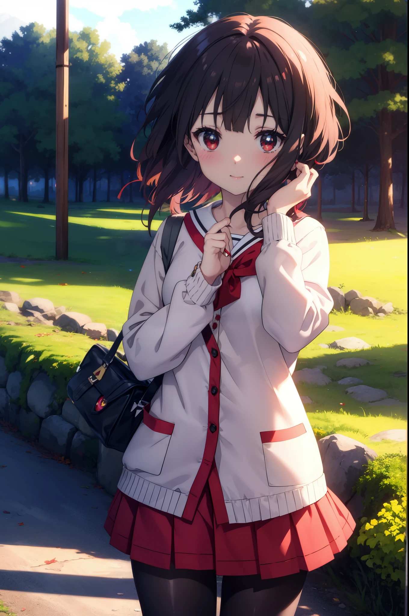 konosubaMegumin, Megumin, short hair, black hair, (red eyes:1.3), short hair with long locks,White sailor,Red cardigan,black pleated skirt,gray pantyhose,brown loafers,smile,blush,have a magic wand,
break outdoor, forest, nature, wood, village, null, sun, cloud,
break looking at viewer, (cowboy shot:1.5),
break (masterpiece:1.2), highest quality, High resolution, unity 8k wallpaper, (figure:0.8), (detailed and beautiful eyes:1.6), highly detailed face, perfect lighting, Very detailed CG, (perfect hands, perfect anatomy),