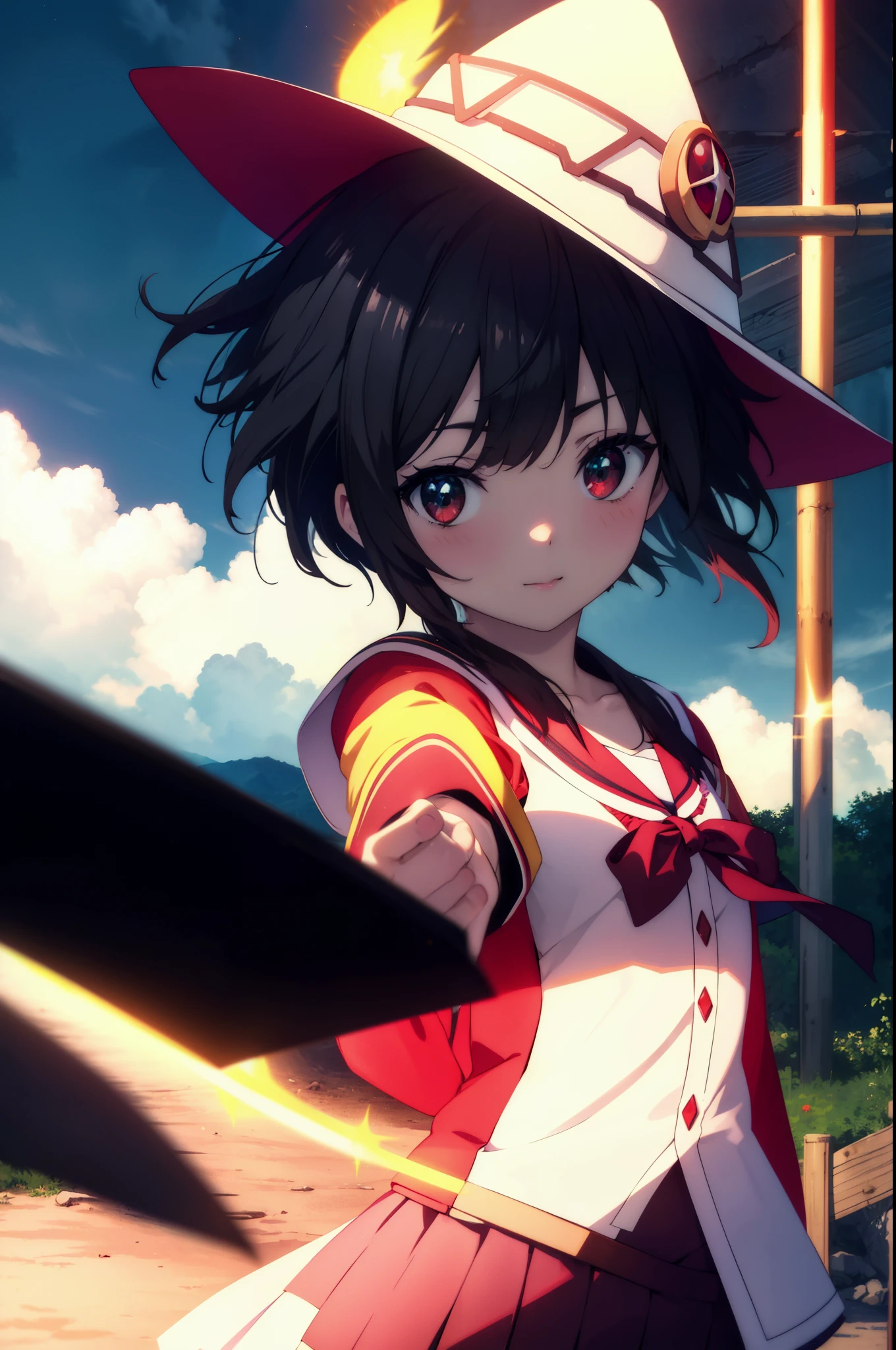 konosubaMegumin, Megumin, short hair, black hair, (red eyes:1.3), short hair with long locks,White sailor,Red cardigan,black pleated skirt,gray pantyhose,brown loafers,smile,blush,have a magic wand,
break outdoor, forest, nature, wood, village, null, sun, cloud,
break looking at viewer, (cowboy shot:1.5),
break (masterpiece:1.2), highest quality, High resolution, unity 8k wallpaper, (figure:0.8), (detailed and beautiful eyes:1.6), highly detailed face, perfect lighting, Very detailed CG, (perfect hands, perfect anatomy),