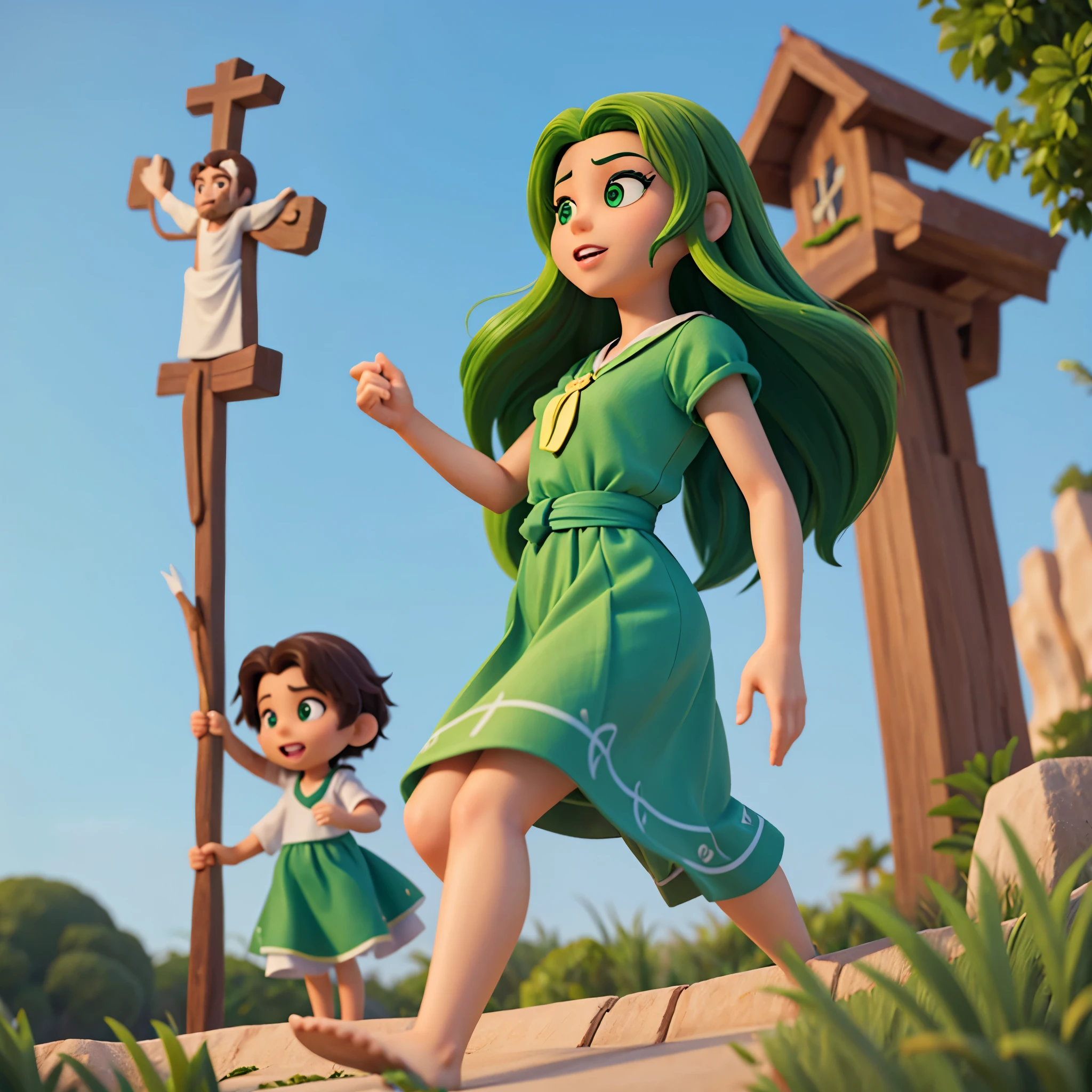 Imagens estilo Disney de uma  de cabelo cacheado e olhos verdes rezando com Jesus ao seu lado