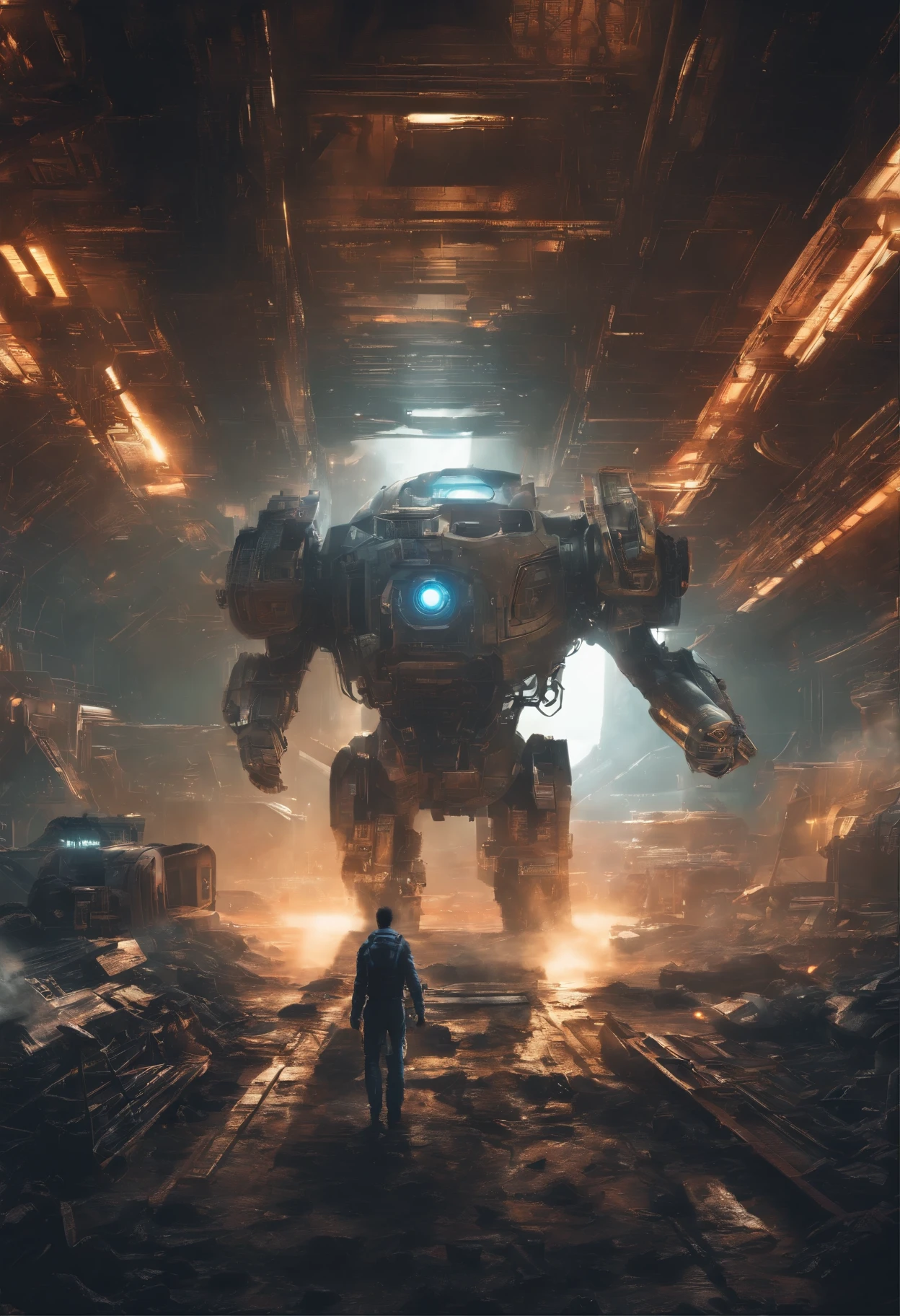 cinematic photo Mechanical cyborg (Iron Man), (((steampunk))), rusty old armor, old metal, robot, (((full body visible))), wires, realistic, creepy, scary, cables, apocalyptic background, looking at viewer, portrait, photography, detailed skin, realistic, photo-realistic, 8k, highly detailed, full length frame, High detail RAW color art, piercing, diffused soft lighting, shallow depth of field, sharp focus, hyperrealism, cinematic lighting,5mm photograph, film, bokeh, professional, 4k, highly detailed