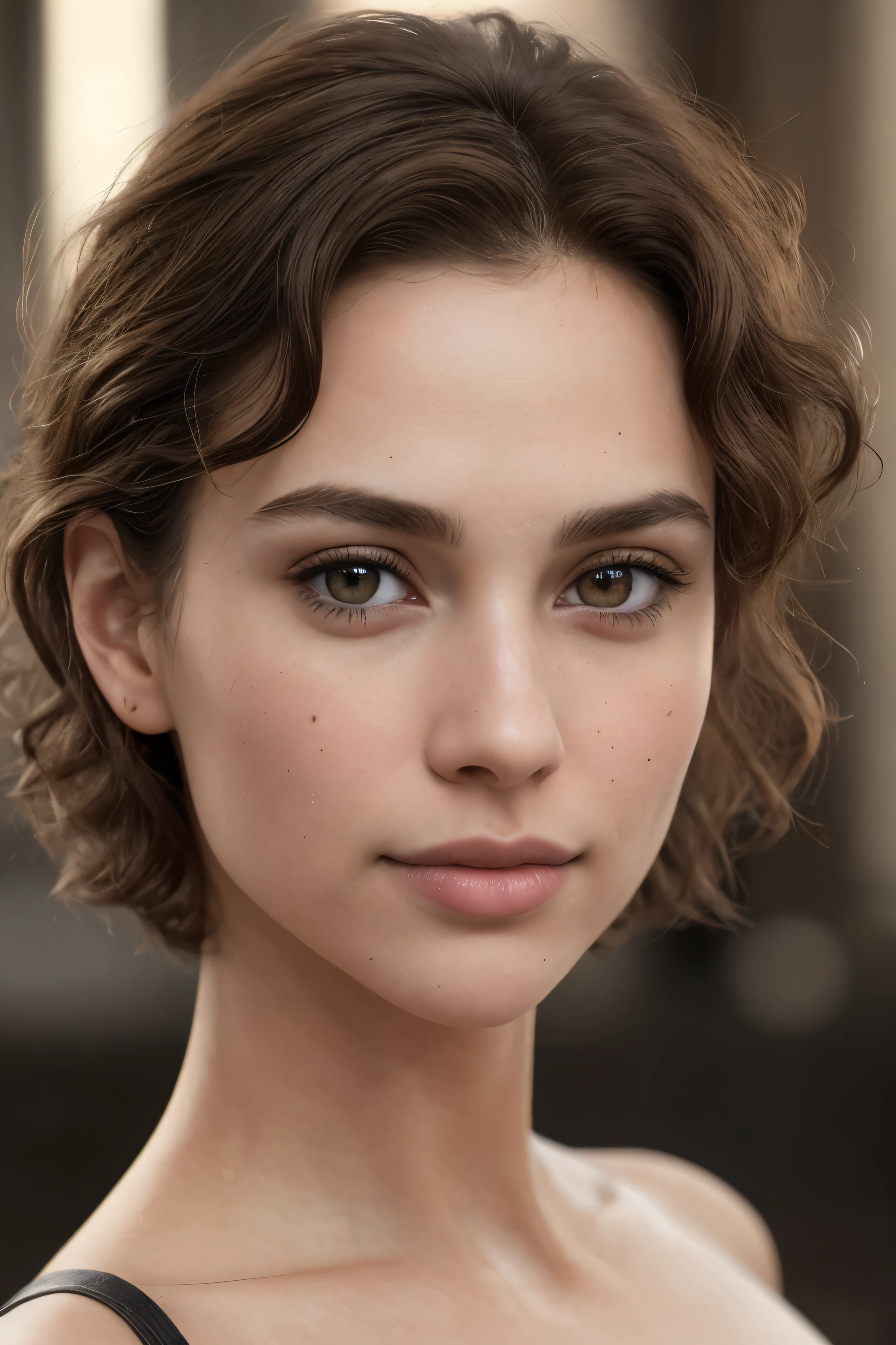 Breathtaking cinematic photo of a 30 year old girl with braune Haare and braune Augen, Smiling with your mouth closed, Nice lips, Komplizierte Details, shallow depth of field, vignette, sehr detailliert, Hollywood-Film mit hohem Budget, Bokeh, Cinemascope , Launisch, Epos, Nice, filmisches Korn, Meisterwerk, award-winning, Fachmann, sehr detailliert, detaillierte Hautstruktur, (blush: 0.5), (Goose flesh: 0.5). (the most Nice woman in the world) (braune Haare) (Kurzes lockiges Haar, wildes Haar, stilvoller Schnitt) schmales Gesicht, Thin nose, Nice, very Nice, perfekt face, slim body (slender), (braune Haare) (braune Augen ) (White skin) Niceer Körper, Westwand, predatory eyes, Pinke Lippen, dicke Oberschenkel. Full body, westliche Niceheit, Thin nose, Nice, perfekt, ((best quality)), ((Ultra resolution)), ((Fotorealistisch: 1.4)), (Komplizierte Details), perfekt face, bilden: 1.5 , Klares Gesicht, Gesichtsdetails. Front view with full naked body, big breasts natural light dark nipples, No body hair is visible on the genitals)