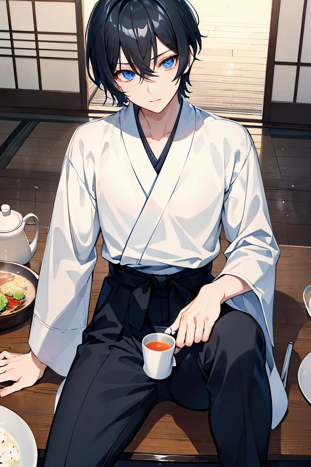 male black hair blue eyes very short hair one person White Cutter slacks black long boots cool sit and drink tea bar arranged feast Japanese-style house table masterpiece Highest image quality noise removal clear parts cinematic shadow Increases the attractiveness of the eyes clear parts the shine of the eyes draw eyelashes neatly perfect eyes detailed eyes sharpen image quality sharpen eye writing clear parts eye shape