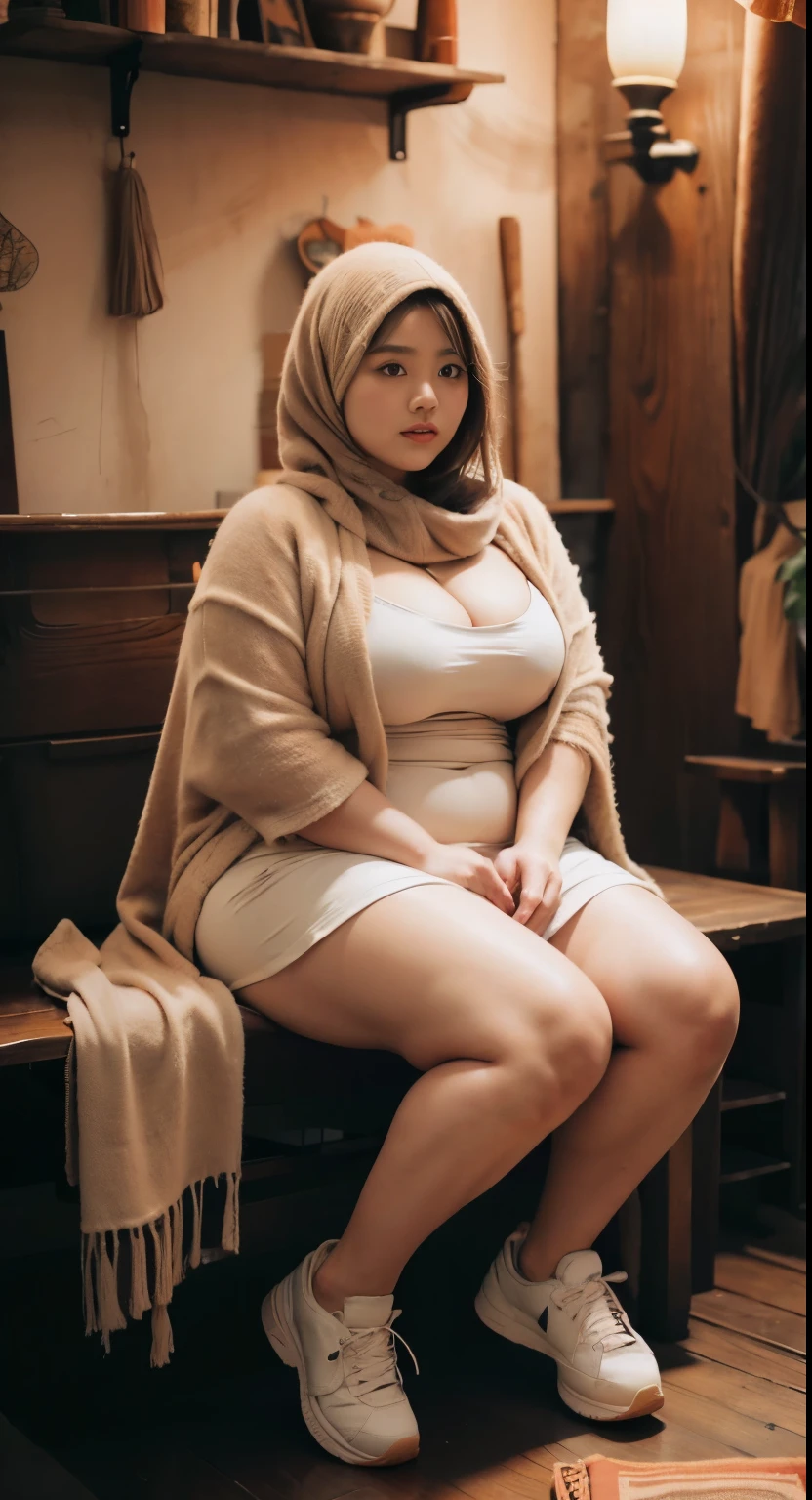 there is a woman sit and walk random posed with a short brown hair, bbwchan, thicc, brown hijab outfit, brown hairstyle model, korean girl, korean woman, wearing brown robe, full length shot, alluring plus sized model, japanese goddess, clothed in hooded, voluptuous and arousing, portrait shot, curvy model, voluptuous body, wonderful, nene tanaka body , bbwchan, The overall atmosphere is smooth , haunting illustrations, extremely high-resolution details, photographic, realism pushed to extreme, fine texture, 4k, ultra-detailed, high quality, high contrast, red sneakers , cold atmosphere ,, cold atmosphere