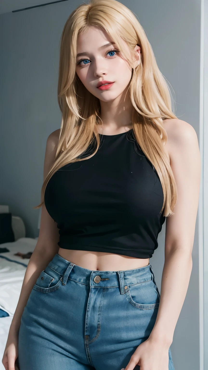 A 23-year-old white woman with unparalleled beauty.、blue eyess、dark blonde、hair is wavy、Longhaire、The ends of the hair are curled upwards、a smile、He is wearing a black high-necked, tight sleeveless shirt.、Cleavage emphasis、I'm punching my chest、The navel is out、My abs are cracked、Slender yet well-proportioned muscular body with big breasts、sunlight is shining from above、Photorealistic images、8K picture quality、I don't want my head to disappear from the screen.、Wearing accessories on your wrist、wearing black stockings、She is wearing a micro mini jeans skirt with slits on the side.、White skin、a smile、I'm in the middle of New York、Standing in front of a concrete wall、Raking up your hair、ties his jacket around his waist、He has a black supporter on his elbow.、He wears black gloves with no fingertips on his hands.、resting on one's chin、carrying a shoulder bag over the shoulder