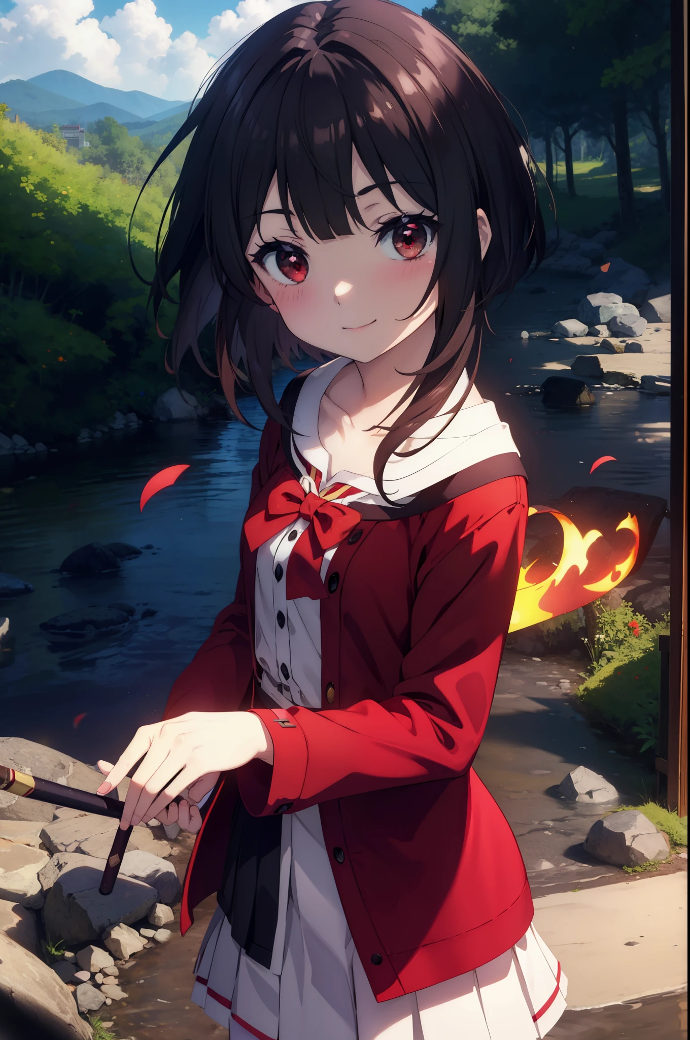 konosubaMegumin, Megumin, short hair, black hair, (red eyes:1.3), short hair with long locks,White sailor,Red cardigan,black pleated skirt,gray pantyhose,brown loafers,smile,blush,have a magic wand,
break outdoor, forest, nature, wood, village, null, sun, cloud,
break looking at viewer, (cowboy shot:1.5),
break (masterpiece:1.2), highest quality, High resolution, unity 8k wallpaper, (figure:0.8), (detailed and beautiful eyes:1.6), highly detailed face, perfect lighting, Very detailed CG, (perfect hands, perfect anatomy),