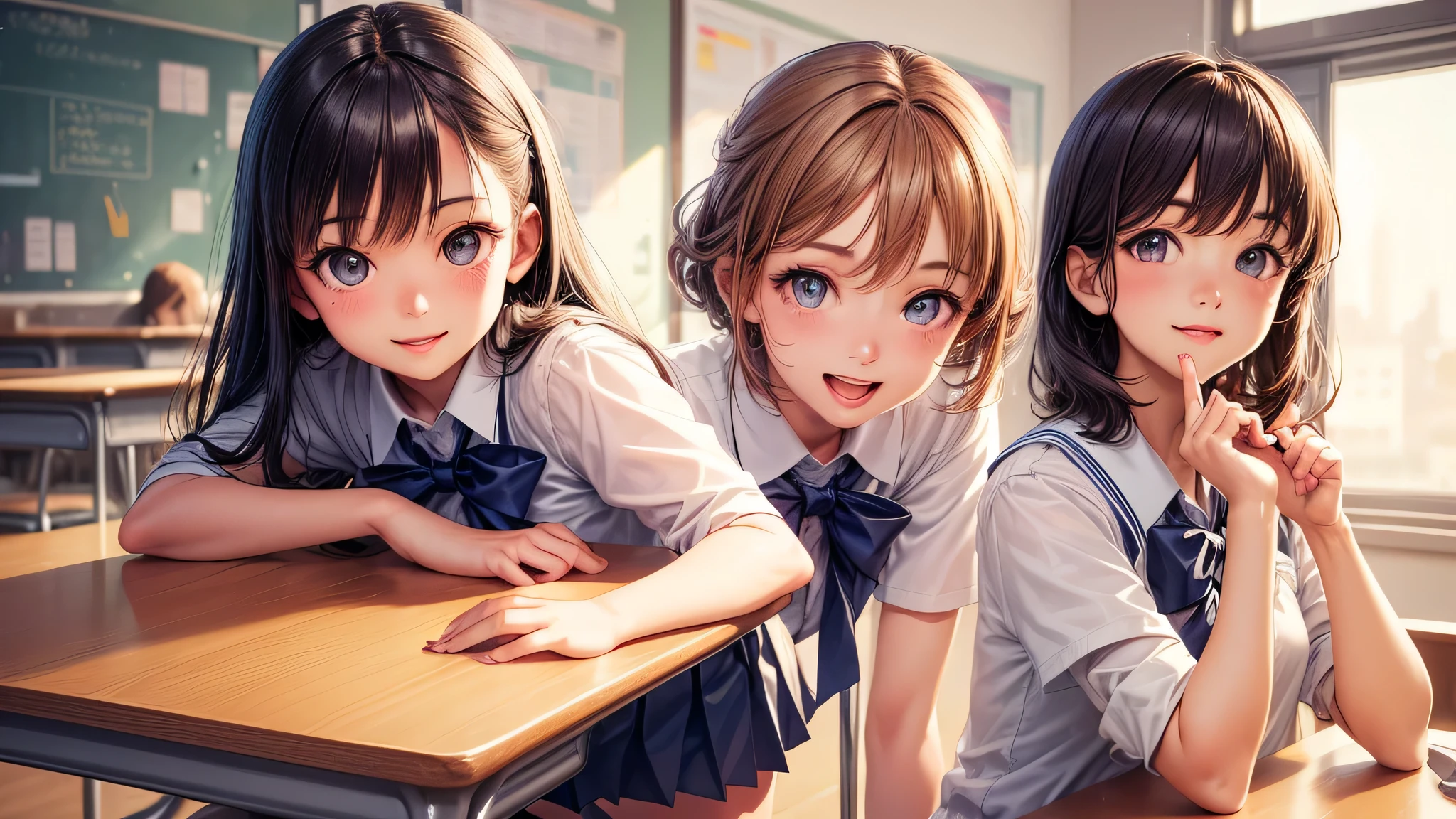 1 girl, very cute face, wonderful face and eyes, Smile, (highly detailed eyes, highly detailed face), Fresh, very beautiful appearance, (surreal, High resolution), (highest quality:1.4), professional photography, (high School uniform, pleated mini skirt:1.2), smile a little, (look at me), (anime illustration), School, classroom, 