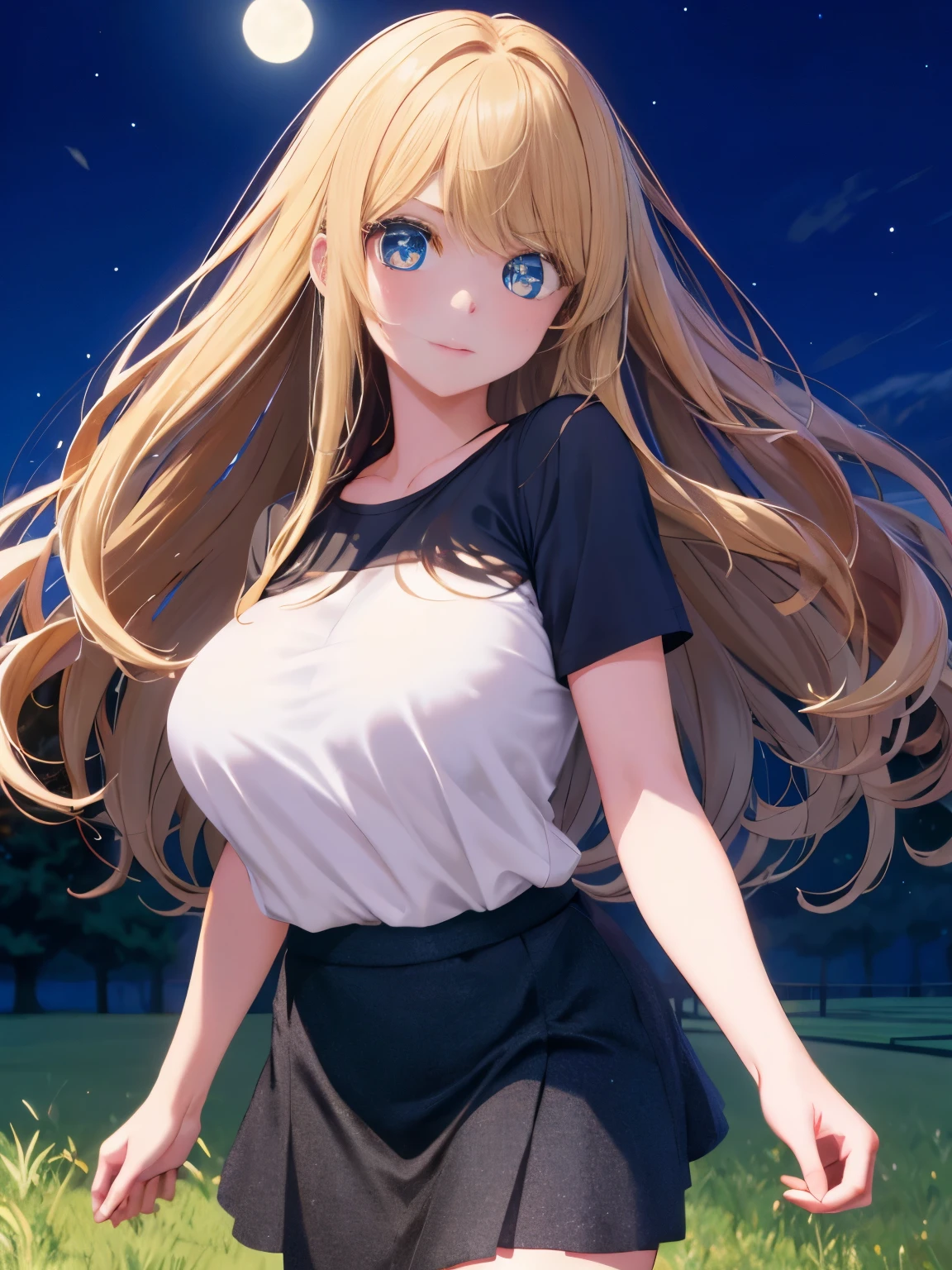 1woman,super beautiful,Walking on the grass hill,at night, beautiful moon,Mouth pouting,half body photo,Focus on face,Beautiful eyes, very detailed face, HD face, perfect face,black t-shirt,black mini skirt,tennis skirt,Very big breasts,Blonde hair,long hair,wavy hair,bangs,blue eyes,ultra detail,ultra Hd, masterpiece,4k