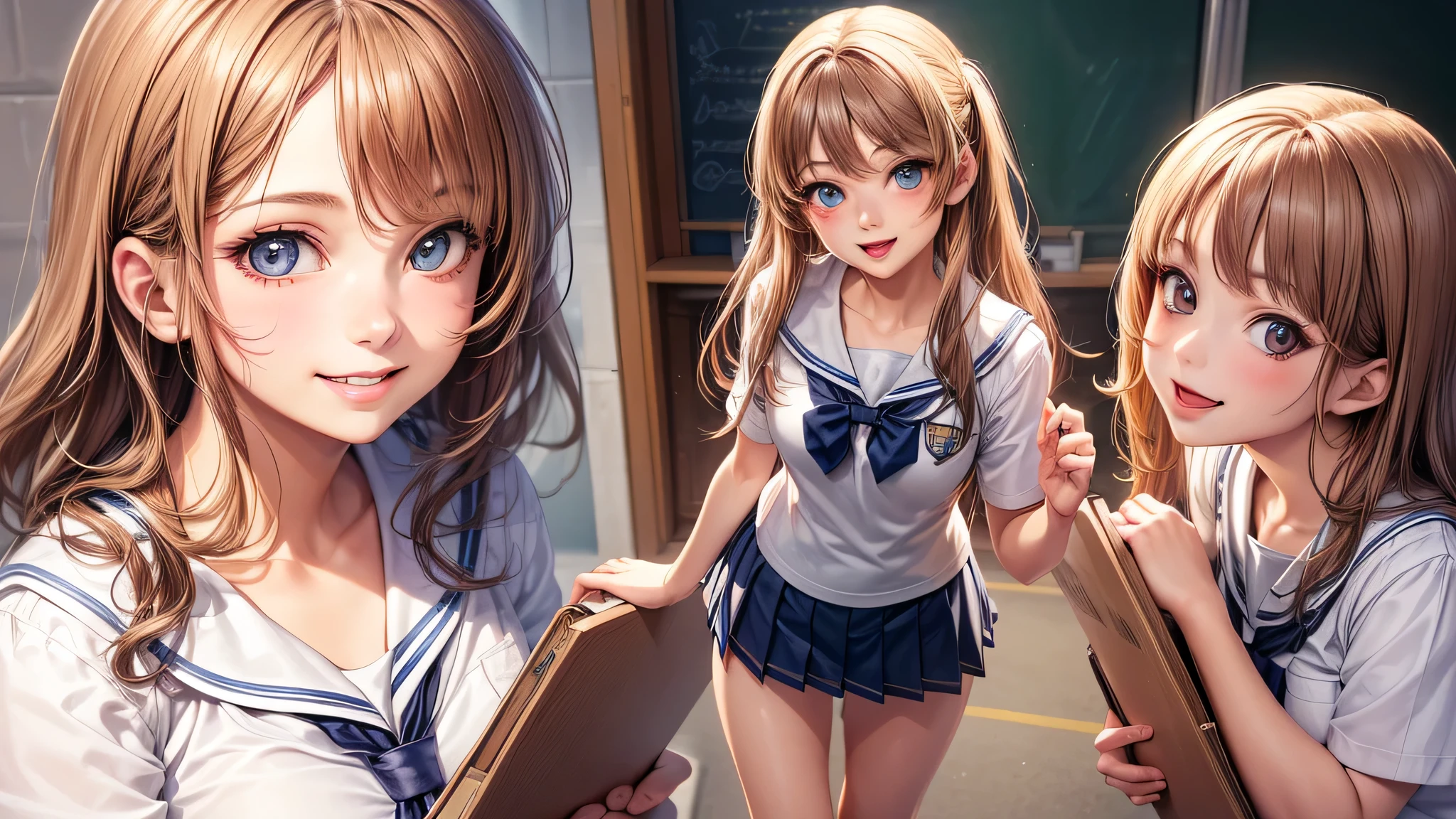 1 girl, very cute face, wonderful face and eyes, Smile, (highly detailed eyes, highly detailed face), Fresh, very beautiful appearance, (surreal, High resolution), (highest quality:1.4), professional photography, (high School uniform, pleated mini skirt:1.2), smile a little, (look at me), (anime illustration), School, classroom, 