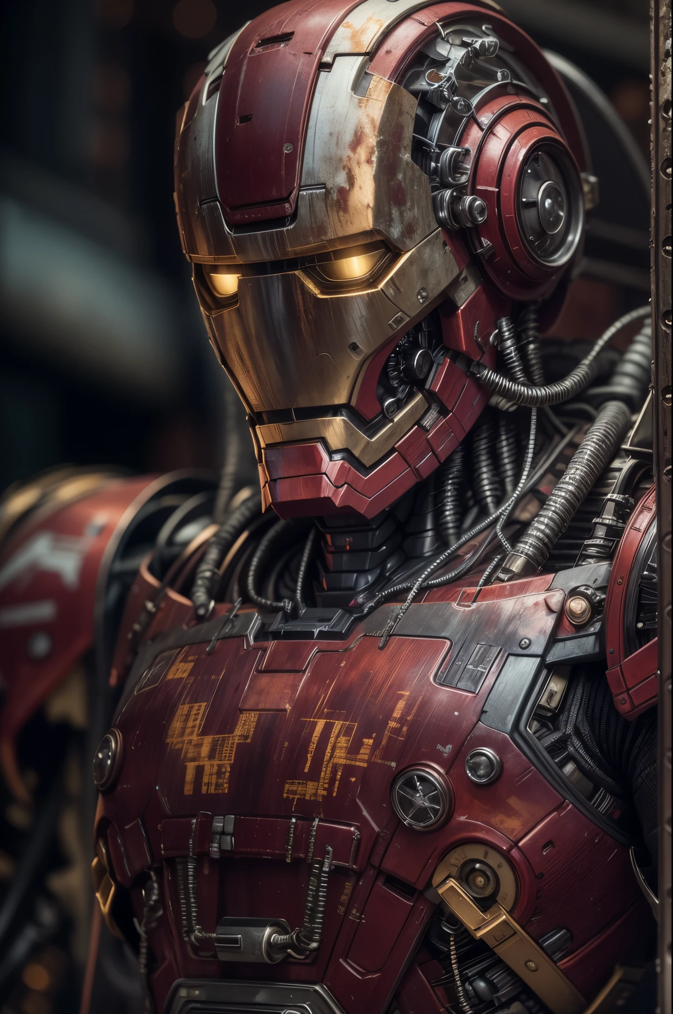 cinematic photo Mechanical cyborg (Iron Man), (((steampunk))), rusty old armor, old metal, robot, (((full body visible))), wires, realistic, creepy, scary, cables, apocalyptic background, looking at viewer, portrait, photography, detailed skin, realistic, photo-realistic, 8k, highly detailed, full length frame, High detail RAW color art, piercing, diffused soft lighting, shallow depth of field, sharp focus, hyperrealism, cinematic lighting,5mm photograph, film, bokeh, professional, 4k, highly detailed