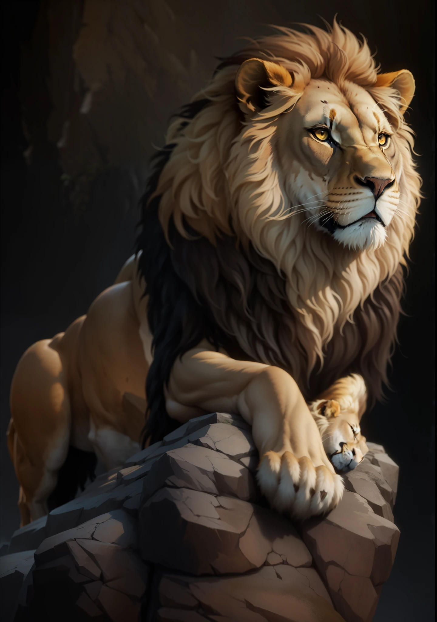 painting of a lion sitting on a rock with a black background, Rei da floresta, fazendo uma pose quente e majestosa, 2d full body lion, Aslan, the lion, olhar orgulhoso, senhor da selva, pose real, lion body, imagem de perfil, fazendo uma pose majestosa, forte e feroz, lionardo davinchi, guerreirthe lion, extremamente realista