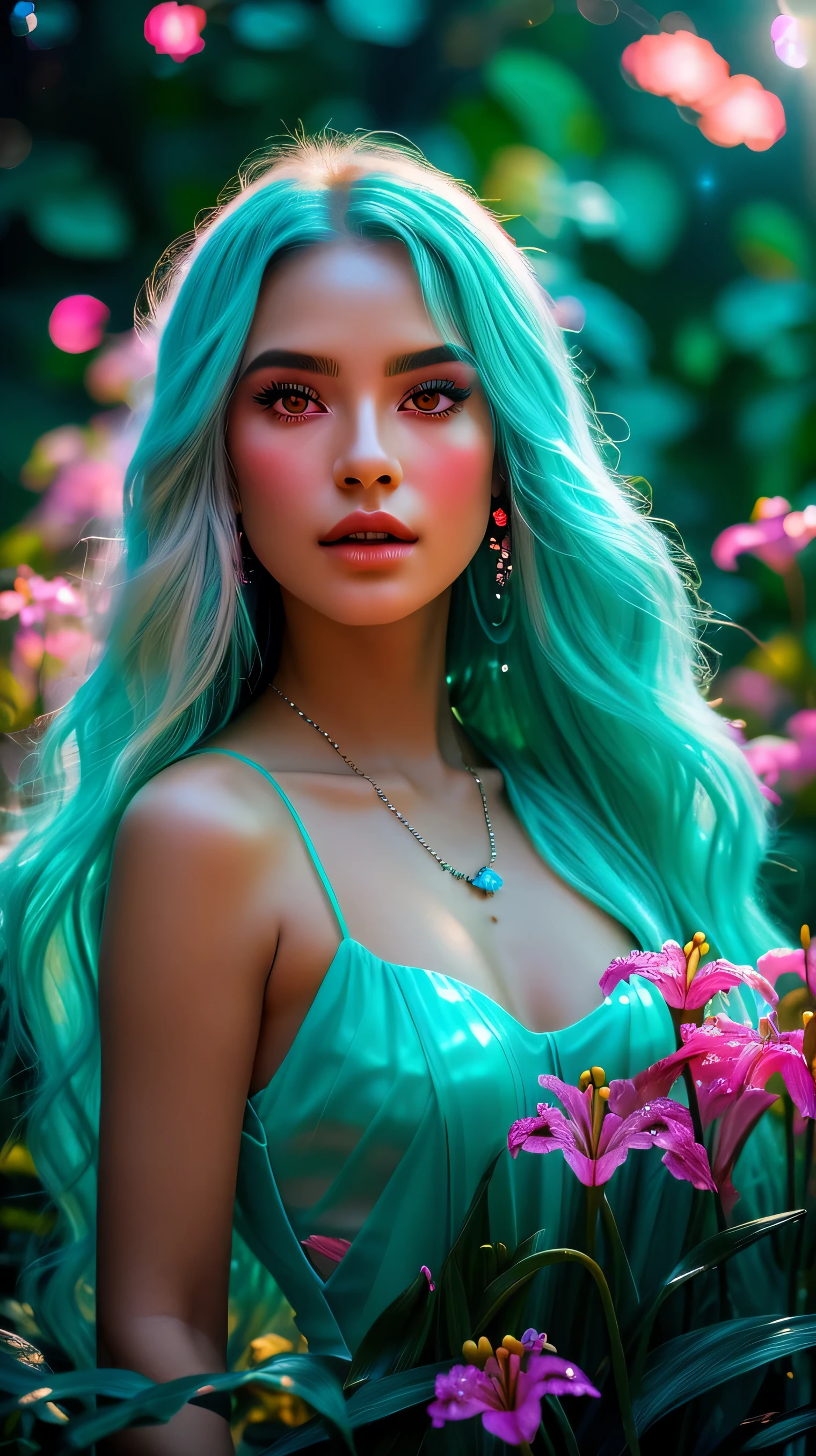 Beautiful realistic girl with BRIGHT WHITE-TURQUOISE long hair... ,Close-up of clean skin with detailed skin ,full length,in a short miniskirt,on an orange background ,Against the background of the starry sky,bright makeup,EARRINGS WITH GLITTERS,two-leaf gray flower,translucent speckled bifoliate gray,Bioluminescent - Ultra High Quality 8K Music Equalizer, High contrast, rich colors, soft light, Super detailed photos. ultra high quality 8K, High contrast, noise reduction, яркие rich colors.. high quality, 8K Ultra HD, High contrasthigh quality,мягкие close focus,very beautiful flower, translucent red lily of the valley with dew drop flower, bioluminescent flower glows and shimmers, he grows in a mysterious forest, shrouded in mystery, Сверхhigh quality 8k, High contrast, rich colors, soft light, Ultra-detailed photos. Сверхhigh quality 8k, High contrast, noise reduction, bright rich colors.. high quality, 8K Ultra HD, High contrast