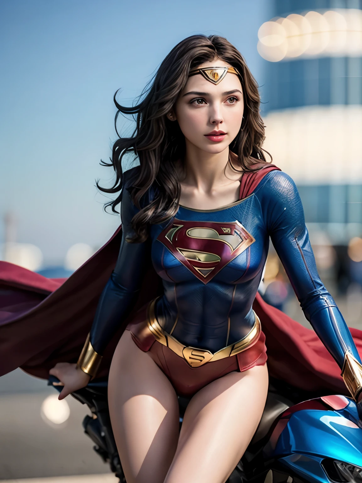 Gal Gadot, magnifique jeune femme, costume Supergirl, costume maillot, thigh gap, mince, flat chest, Dusk:0.7, bokeh particules, ultra realistic, perfect quality, enlightened character, posture dynamique, position de protection, concentrated face
