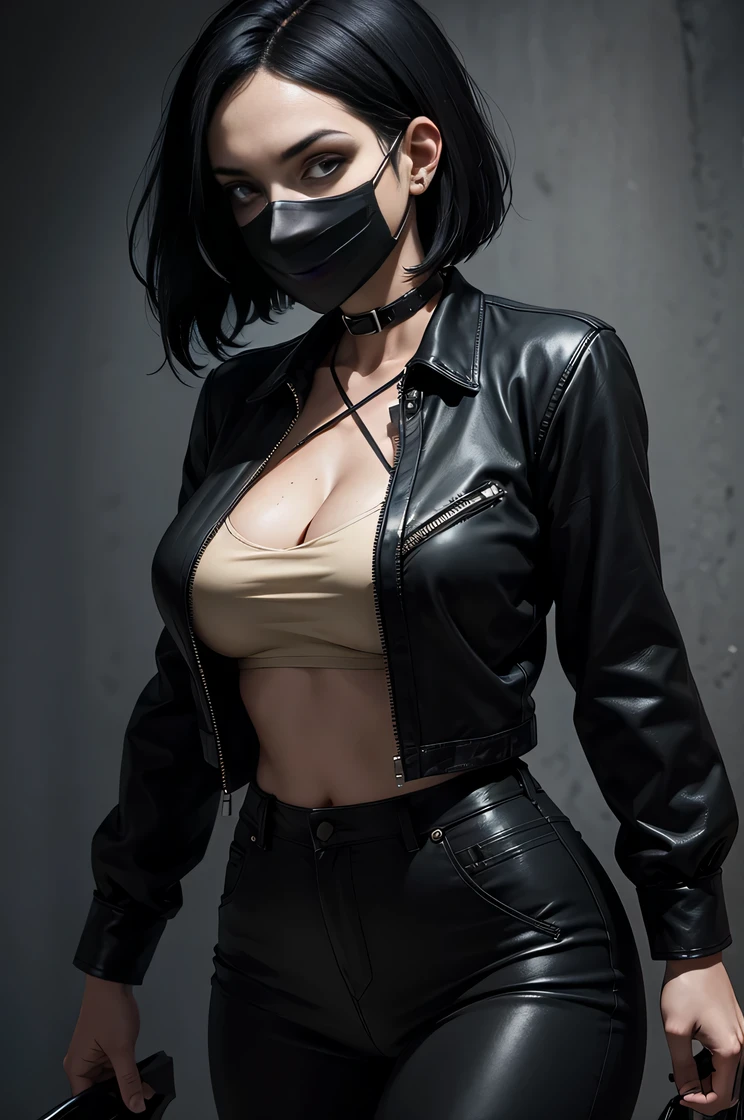 woman as LEATHERFACE with black hair and a all black outfit and mask