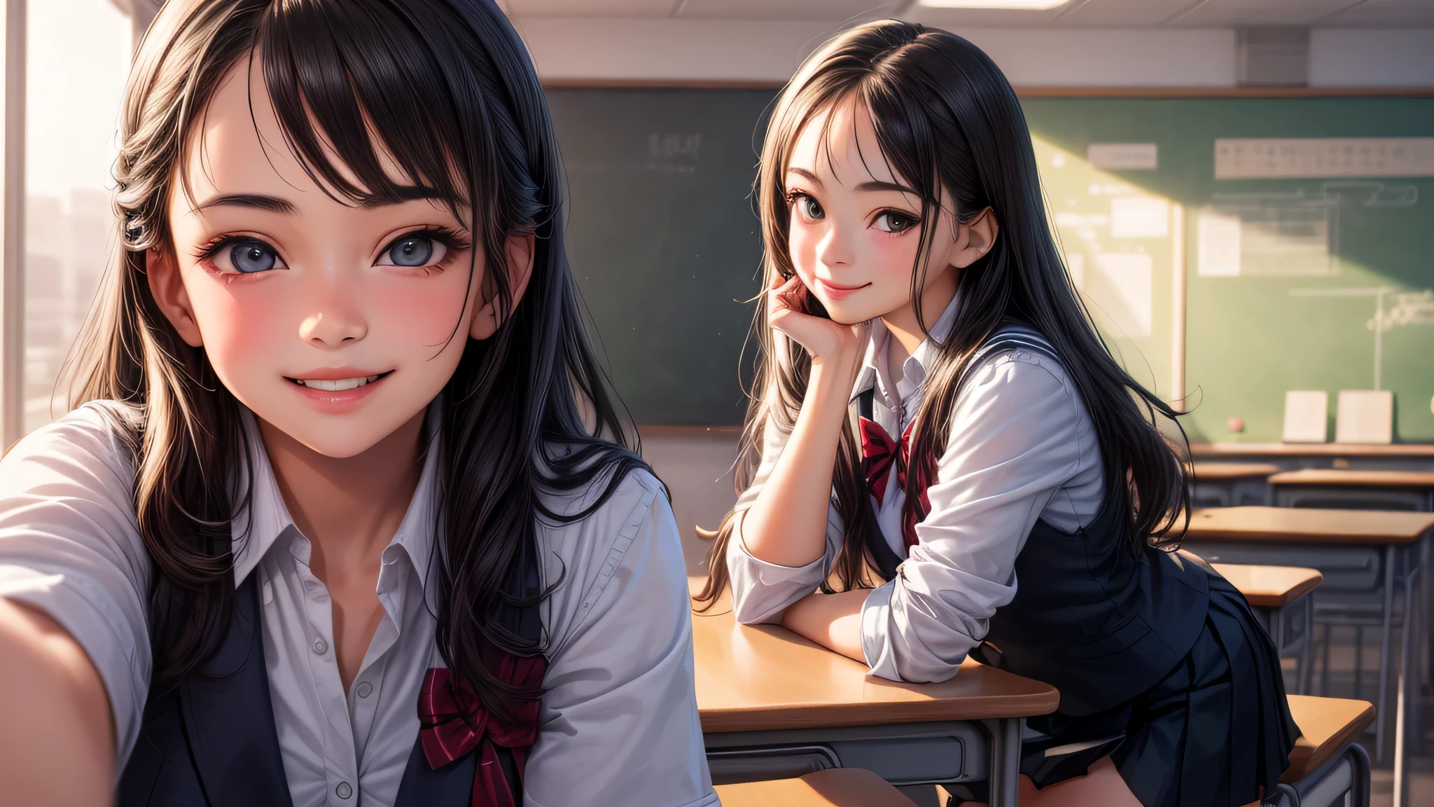 (1 girl:1.2), very cute face, wonderful face and eyes, Smile, (highly detailed eyes, highly detailed face), Fresh, very beautiful appearance, (surreal, High resolution), (highest quality:1.4), professional photography, (high School uniform, pleated mini skirt:1.2), smile a little, School, classroom, 