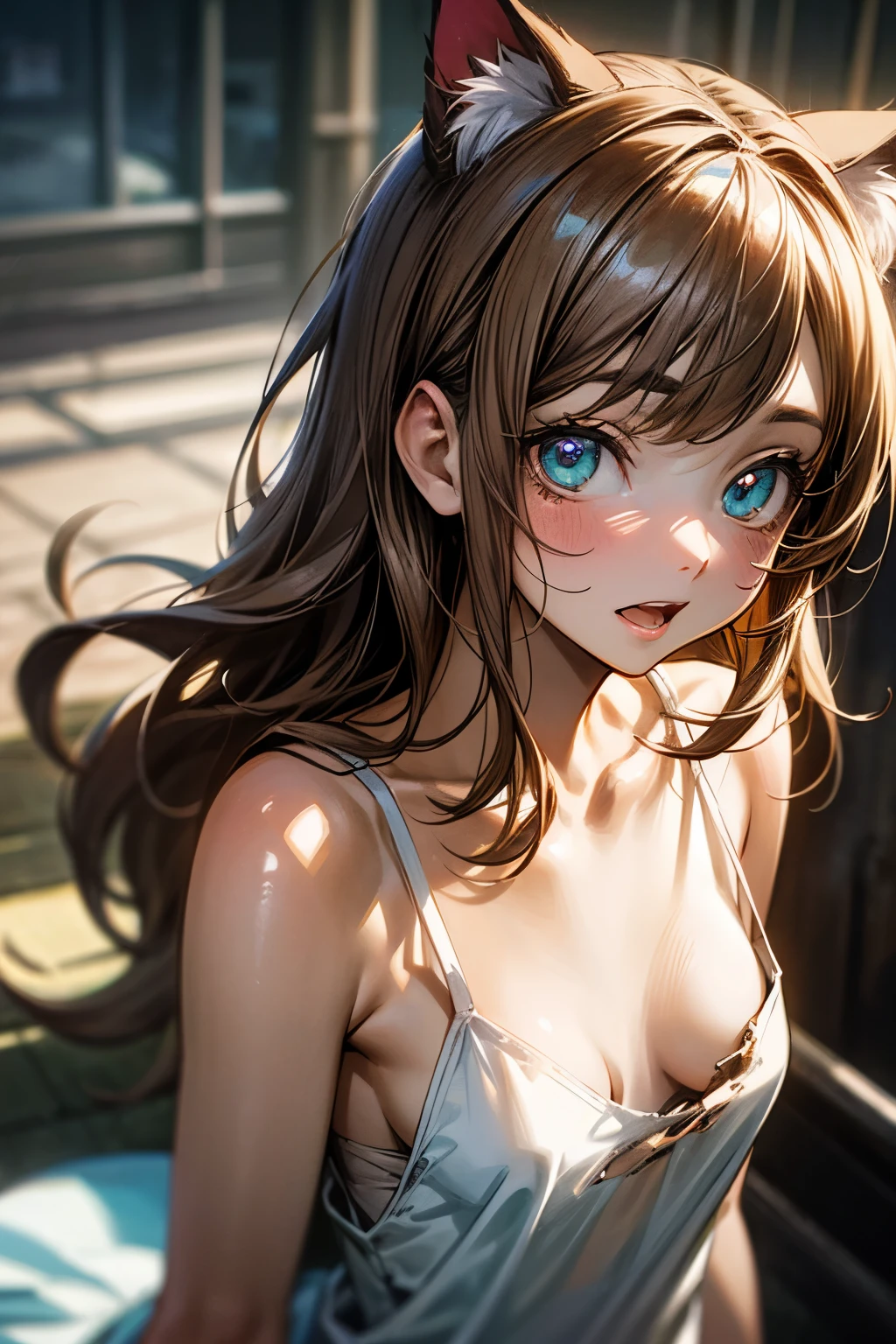 ((Masterpiece)), (Anime:1.5), ((best quality)), (RAW photo:1.2), (High Definition:1.3), (Professional Photography:1.2), (glowing light), 1girl, ((12 years old)), Cute Beautiful girl, from above, cinematic lighting, (cute eyes), (open mouth), Textured skin, cat ears, pale brown hair, very messy hair, teenage girl, (walking on the tip of beautiful pier), (exposed small breast), (badly tattered and torn camisole), dirty oversized white camisole, Slender small breasts, slum townscape,