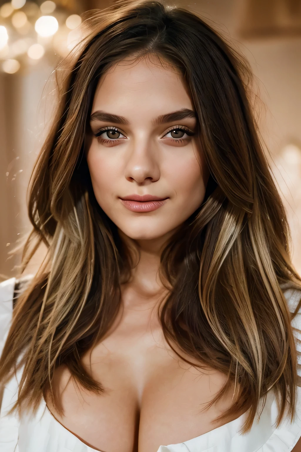 Generate a frontal photo of Harper, a 23-year-old woman with distinct features reflecting her Italian-Russian heritage. Harper possesses a warm, olive-toned complexion that radiates with Mediterranean allure, complemented by deep, captivating brown eyes that sparkle with vitality and depth. Her eyebrows are elegantly arched, framing her eyes with precision and adding an air of Italian sophistication to her gaze. Harper's nose is gently sloped and refined, while her lips are full and plush, with a natural rosy hue that enhances her overall charm. Her hair, a radiant shade of sun-kissed brownwith soft, golden highlights reminiscent of Italian summers, cascades down in luxurious waves, framing her face in a captivating manner. Harper's cheekbones are high and prominent, lending her a regal and alluring presence. In this photo, Harper exudes confidence and sensuality, with a subtle hint of Mediterranean allure in her smile. The expression on her face is inviting yet enigmatic, drawing viewers in with a magnetic pull. Ensure that Harper's features are depicted with both elegance and individuality, capturing the essence of her unique beauty for her OnlyFans profile.