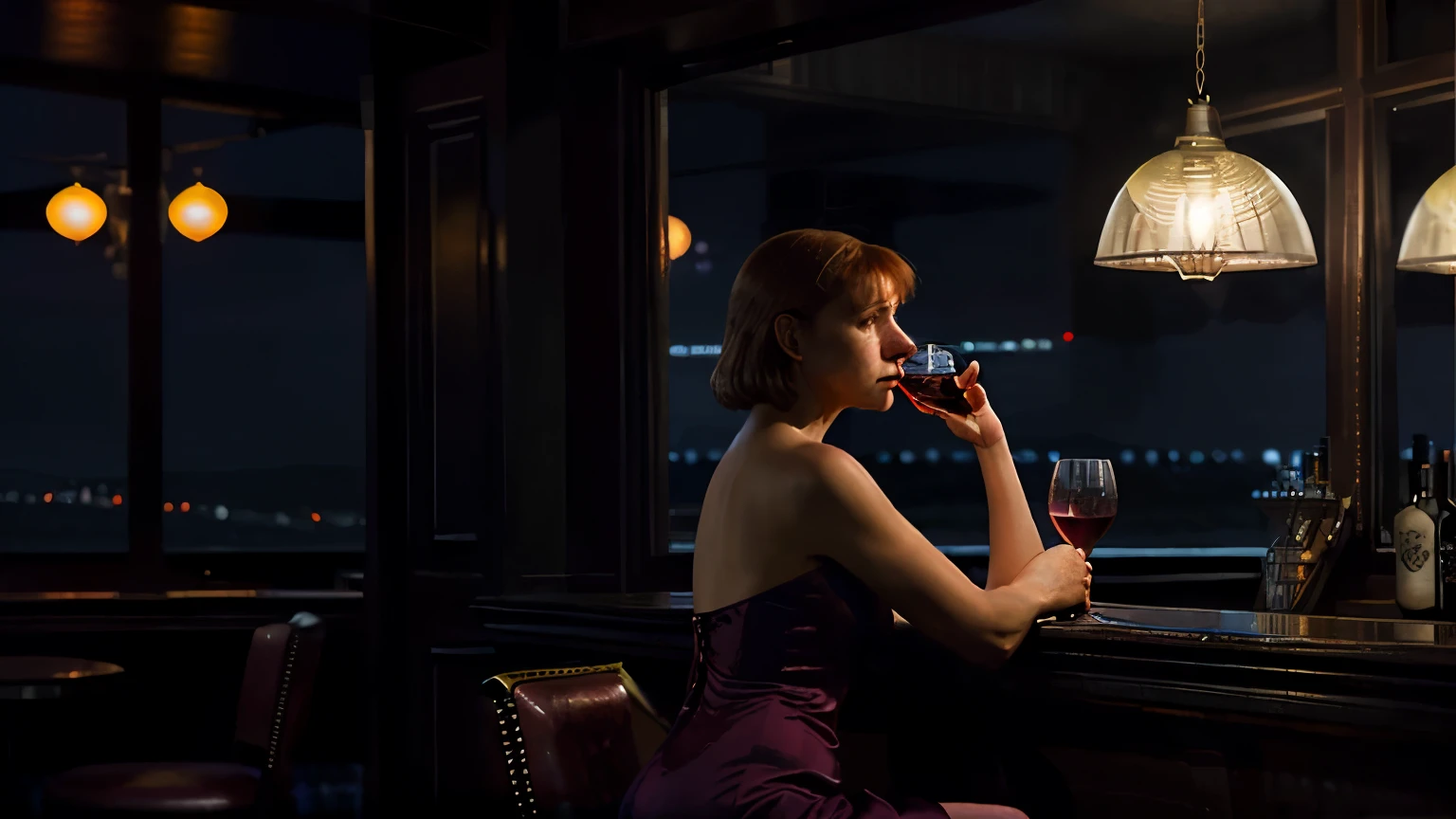 edward hopper style, lonely woman in evening dress at a bar, wine glass, night time