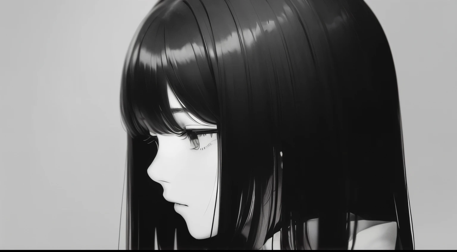 (very delicate and beautiful)introverted girl、silhouette、monochrome、look down、stand still、quiet、