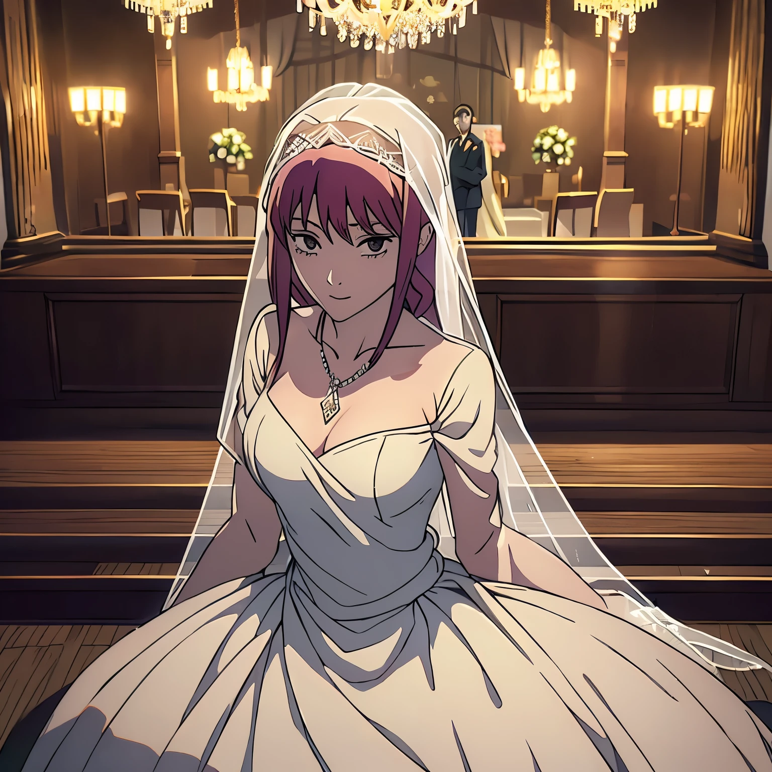 (makima elegante de vestido preto) in the background a wedding party at night with a chandelier makima is very beautiful with a necklace) festa elegante, (makima detalhada de vestido) (imagem saturada) (alta qualidade)