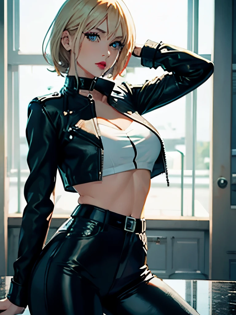 (best quality, 8k, highres, photorealistic:2.0), (solo, one girl:2.0),(lighting:front),(lighting: strong),(american beauty:2.0),(women of adult age:1.6),(girl is very muscular:1.5),(shiny skin:1.5),(oily skin:1.5),(platinum blonde hair color:1.5),(flat chest:1.5),(((small breasts))),(location is a cyberpunk),(ultimate beautiful girl),(very elegant woman),(slut girl fashion style wear),(((low rise pants:1.6))),((jacket zip full open)),(navel is visible),(abdomen is visible),(waist is visible),(((hip hugging pants))),Blush brown makeup , dark eye makeup ,pink lipstick,(big eyes girl:1.3),(girl amazing sex appeal),(unzip your pants:1.5),(Open the bottom zipper:1.5),(expensive gold necklace),