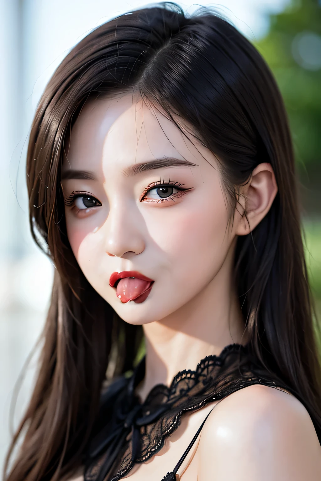 ((stick out a wet tongue))、((half open mouth))、((Glossy red lip gloss))、(The look of waiting for a kiss)
