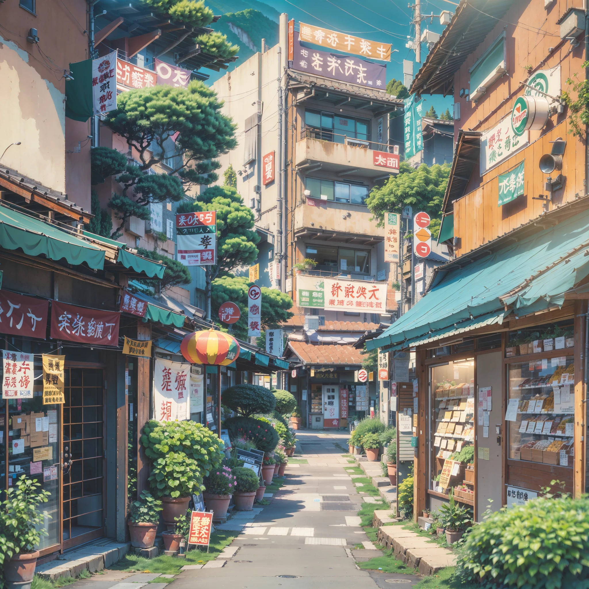 anime background, anime wallpaper, anime, anime style, lofi, lofi style, modern japanese street, mountains, uphill, modern japanese architecture, japanese convenience store, big retro japanese shop signs, retro japanese store, trees, plants, rocks, plant pots, shop signs, japanese banners, japanese signs, flags, empty street, no one in sight, (no one: 1), best quality, wide view, street going uphill, buildings tight together,
