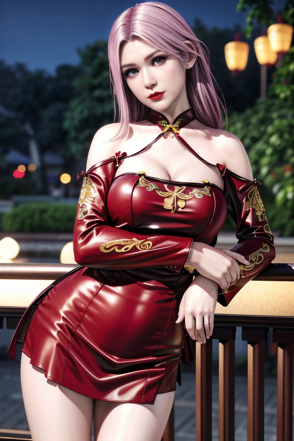 night,1girl,Elise,(luxurious cheongsam:1.4),lace, jewelry,outdoors,  (Standing posture),grace,(((red-lips))), slightly parted lips,  clavicle,Lactation,(huge breasts:1.3),shiny skin,((8k, RAW photos, top quality, masterpieces)), high-definition RAW color photos professional close-up photos, (realistic, photorealism: 1.37), (highest quality),8K,fabric luster,solo,